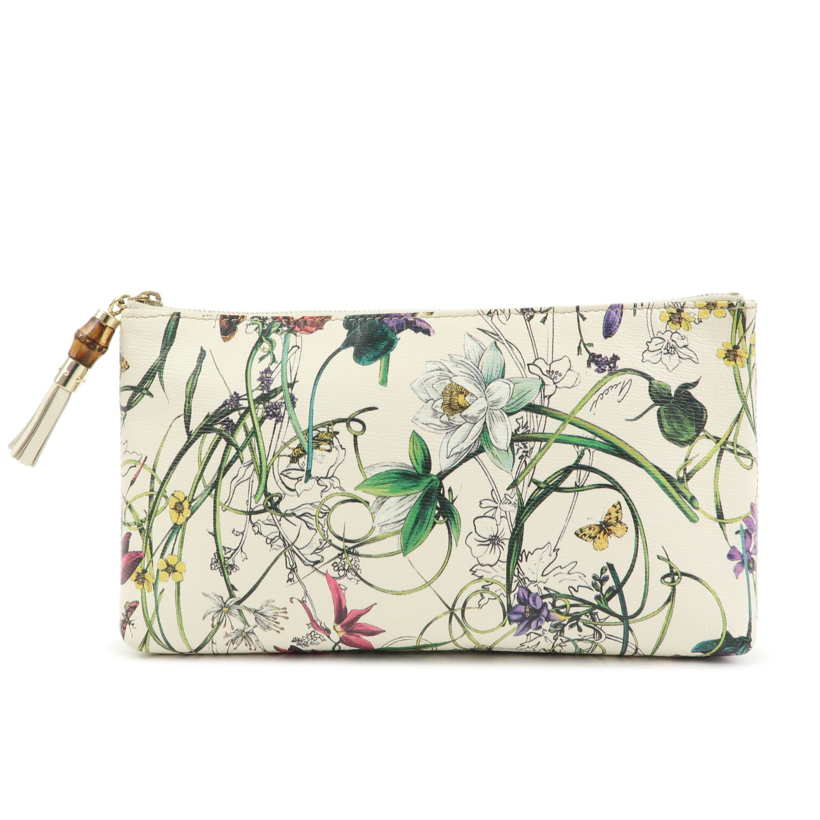 GUCCI Flora Bamboo Leather Cosmetic Accessory Pouch Ivory 338815