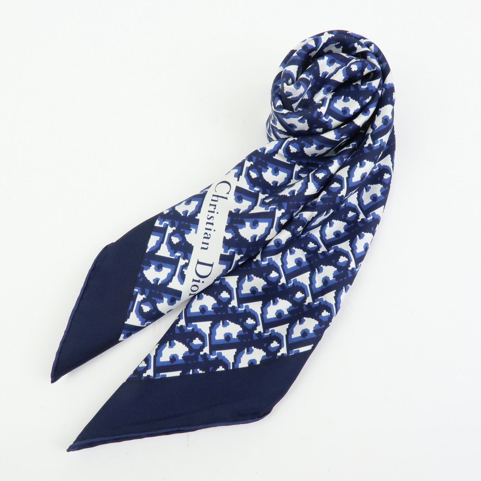 Christian Dior Trotter Silk 100% Scarf Navy Blue White