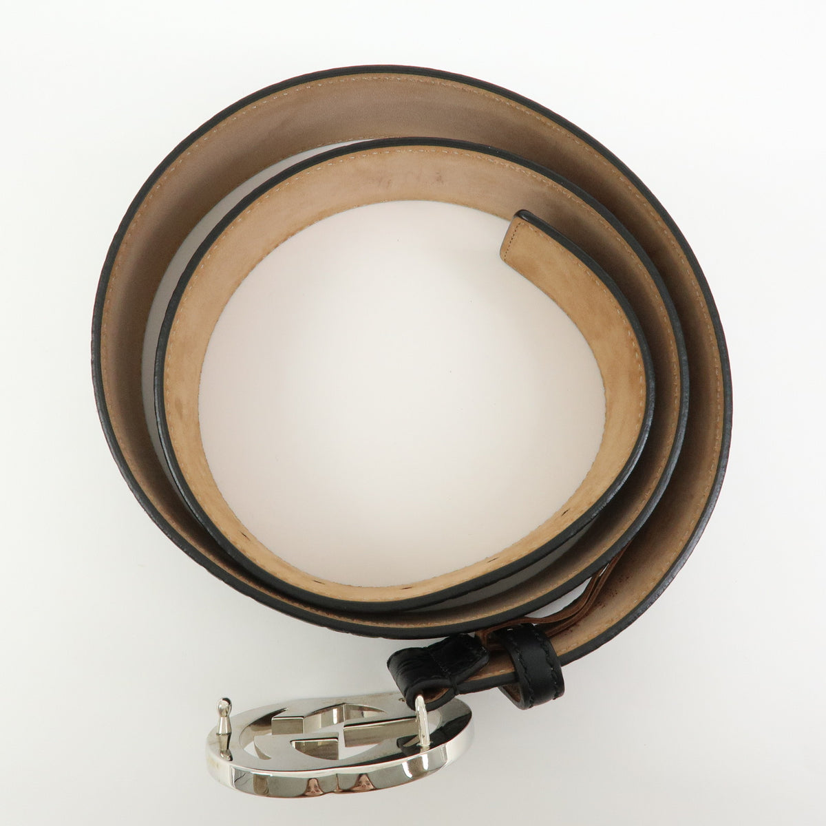 GUCCI Interlocking G Guccissima Leather Belt Black Silver 114984