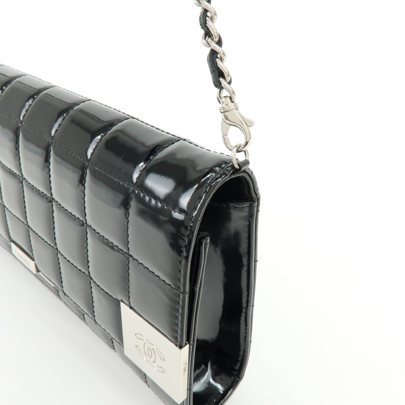 CHANEL Chocolate Bar COCO Mark Patent Leather Shoulder Bag Black Silver
