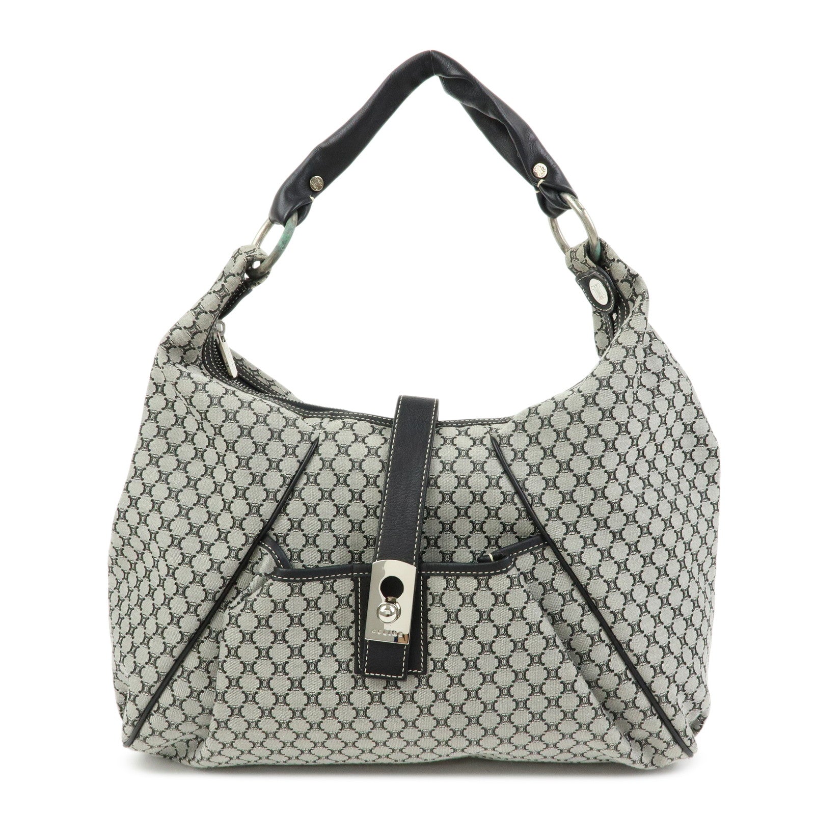 CELINE Macadam Canvas Leather Shoulder Bag Grey Black Silver