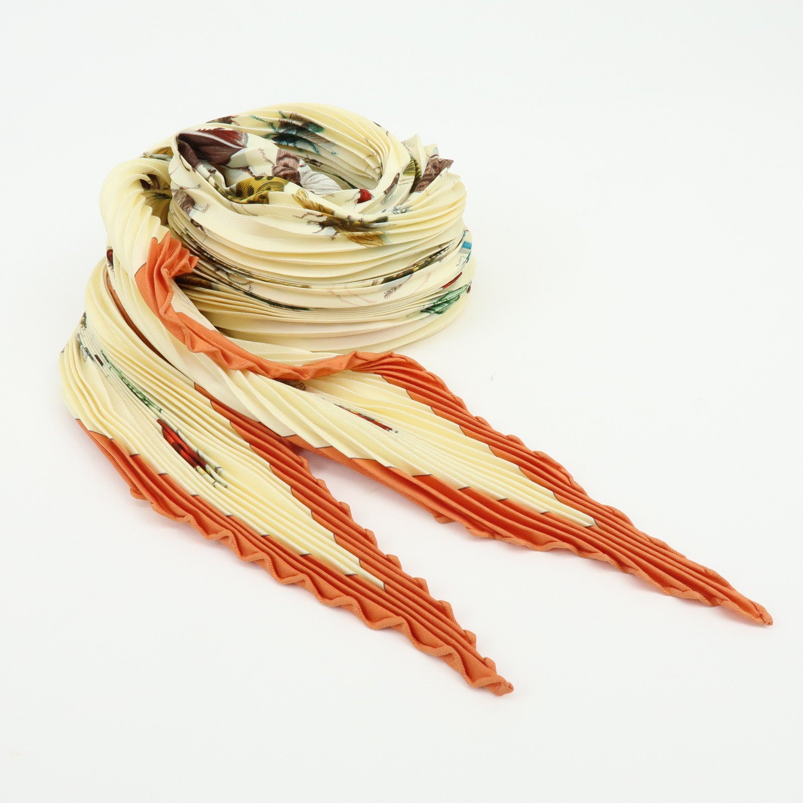 HERMES Pleats Carre Silk 100% Scarf LES INSECTES Cream Orange