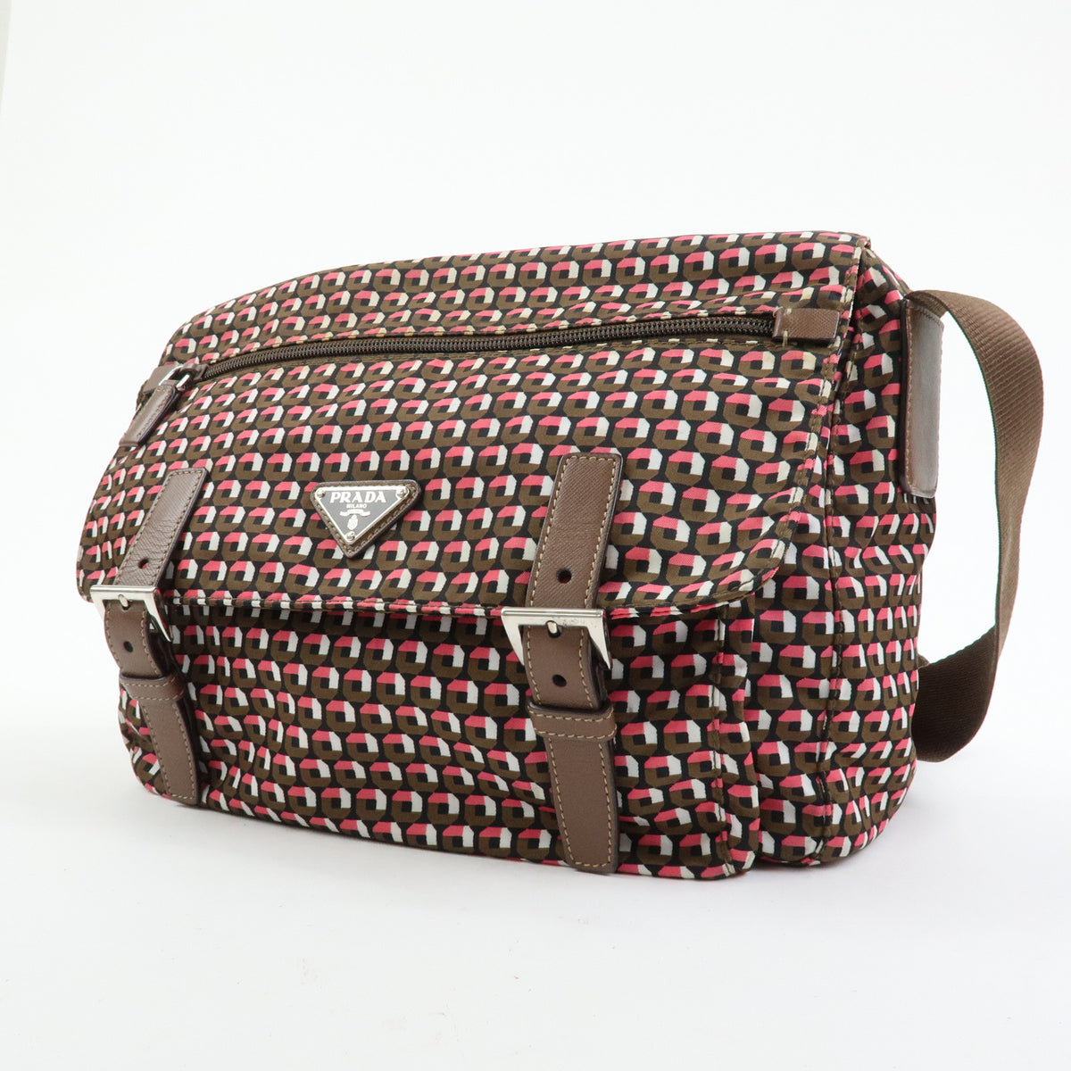 PRADA Triangle Logo Nylon Leather Shoulder Crossbody Bag Brown Pink