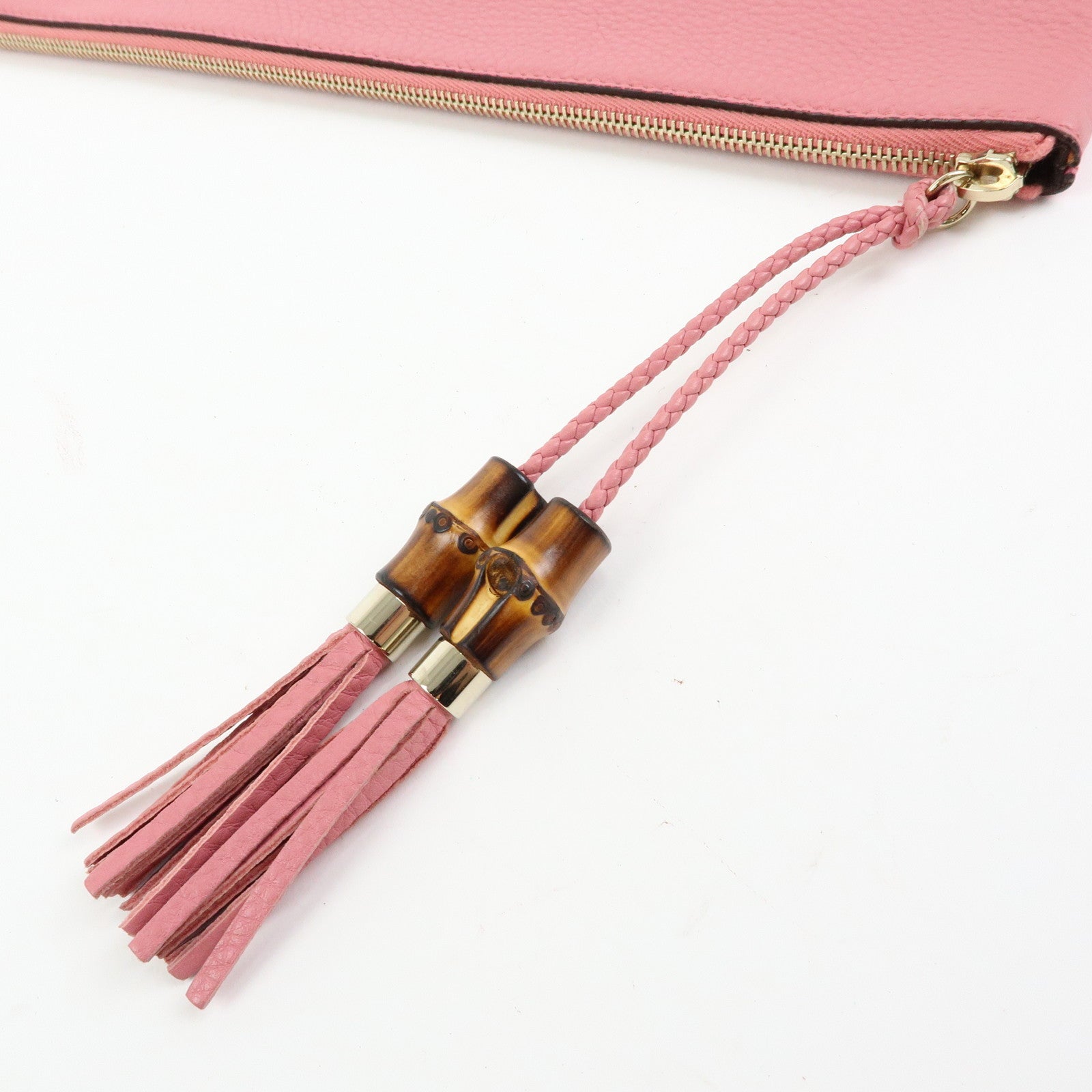 GUCCI Bamboo Leather Clutch Bag Pouch Tassel Charm Pink 376858