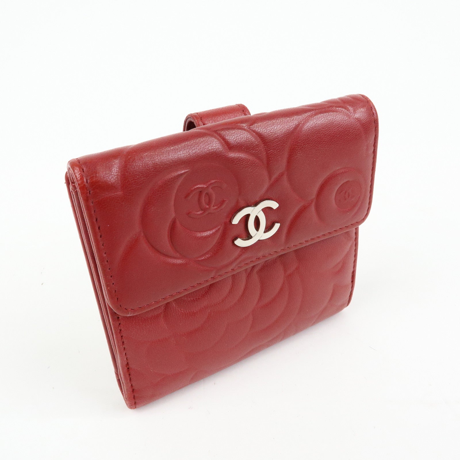 CHANEL Camellia COCO Mark Lamb Skin Bi-fold Compact Wallet Red A47422