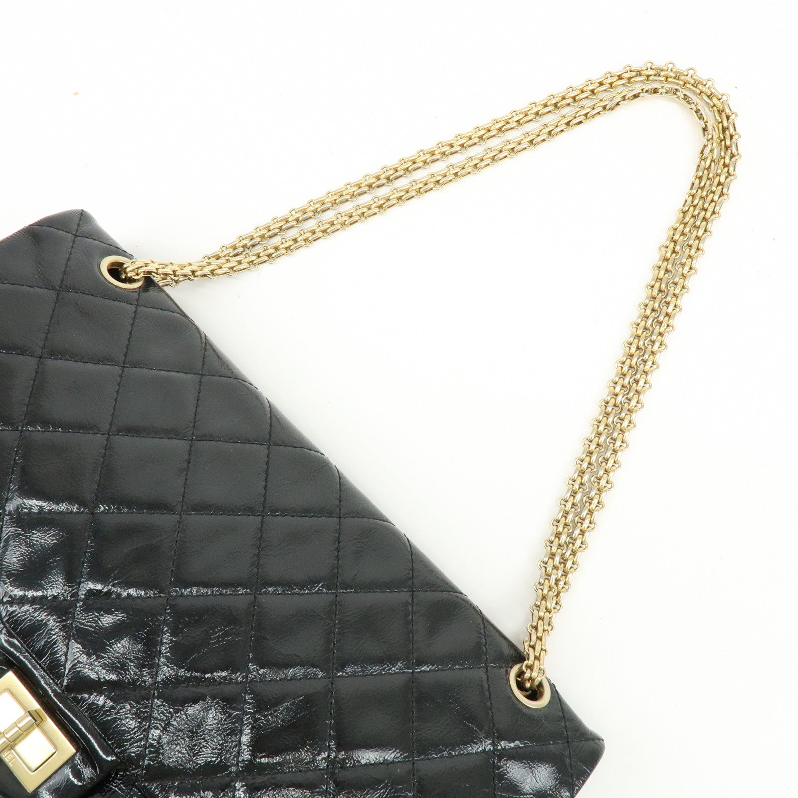 CHANEL 2.55 Patent Leather Chain Shoulder Bag Turn Lock Black