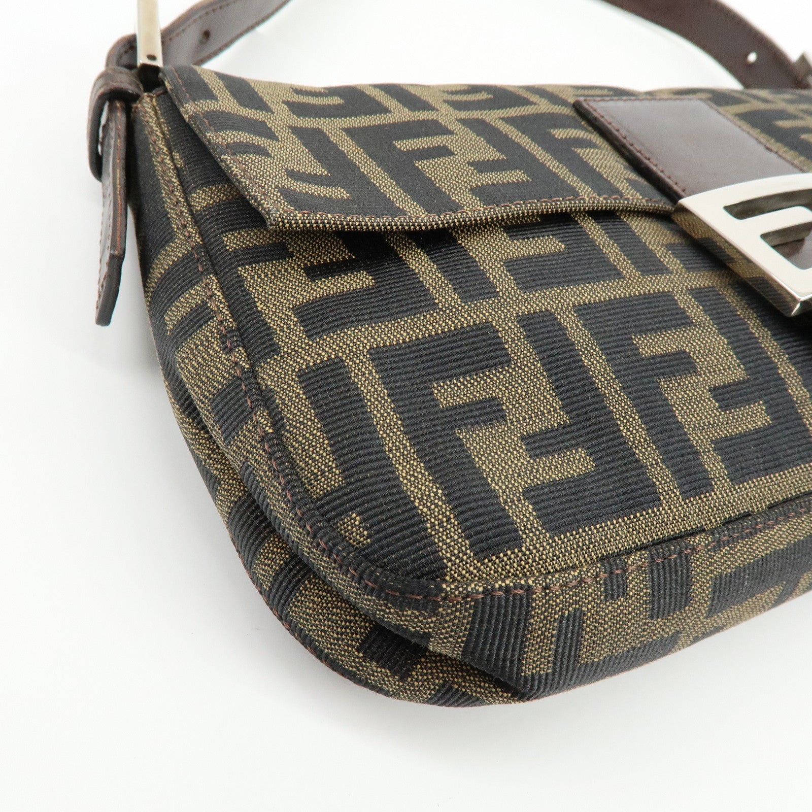 FENDI Mamma Baguette Jacquard Canvas Leather Shoulder Bag Brown 26424