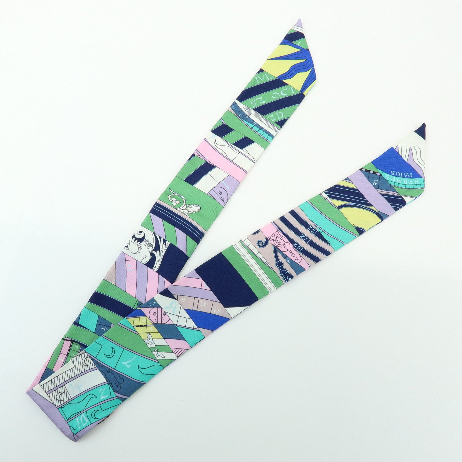 HERMES Twilly Silk 100% Scarf ASTROLOGIE NOUVELLE Green Blue Pink