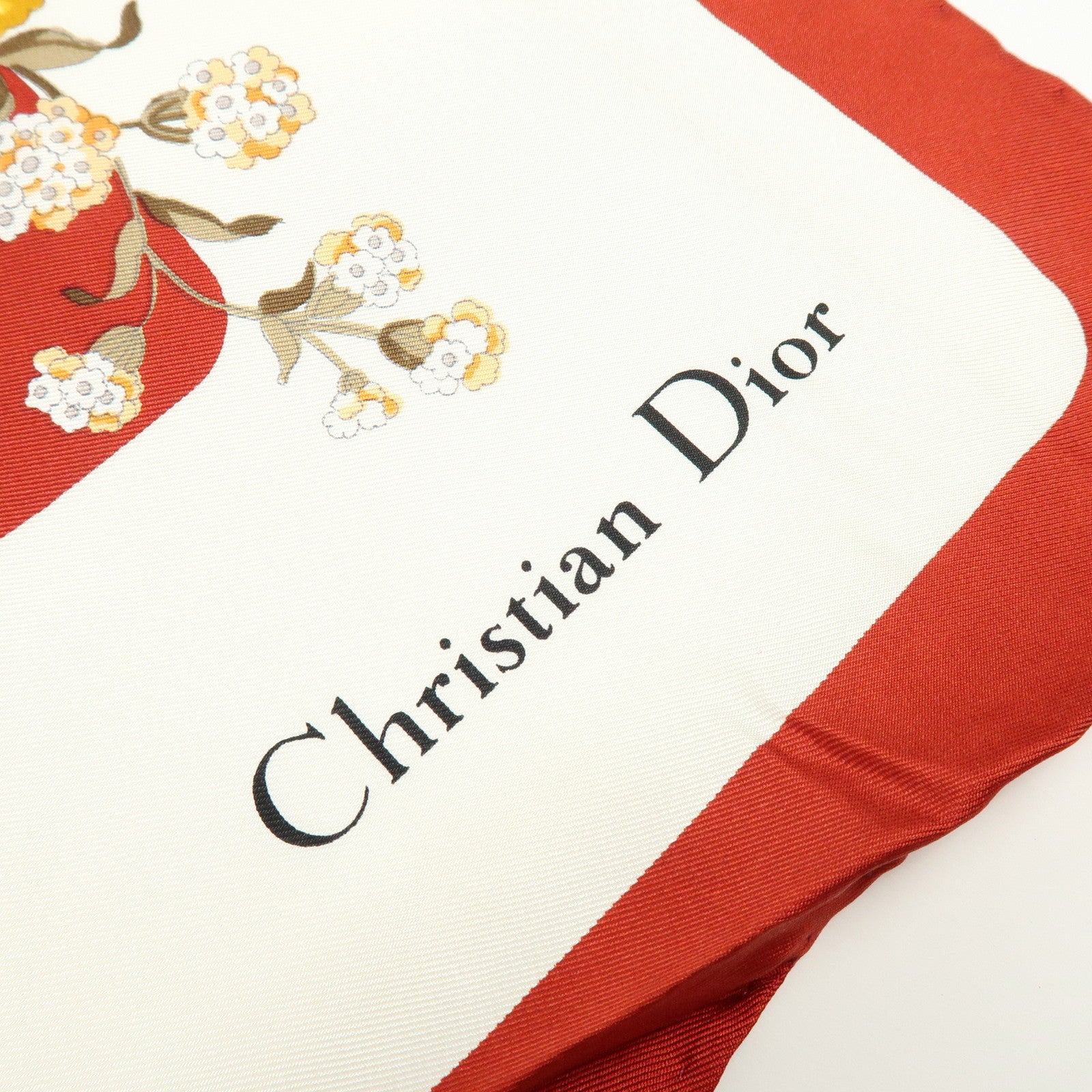 Christian Dior Silk 100％ Scarf Flower Print White Red Yellow