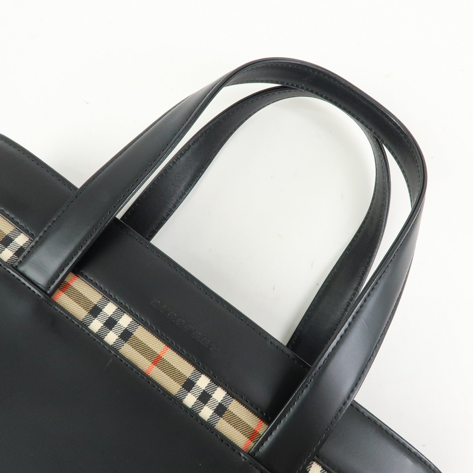 BURBERRY Nova Plaid Leather Canvas Tote Bag Hand Bag Black
