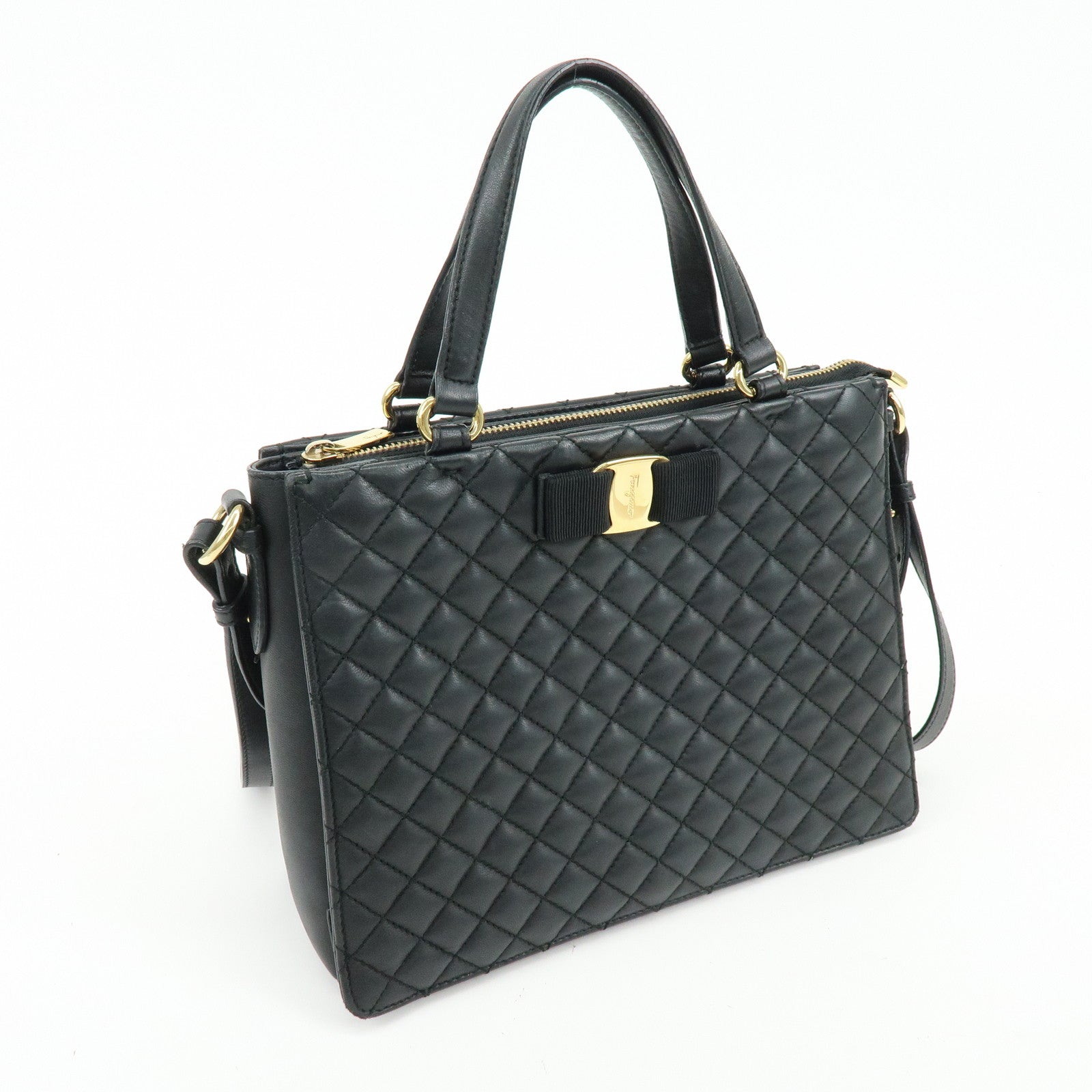 Ferragamo Vara Ribbon Leather 2Way Bag Hand Bag Shoulder Bag Black