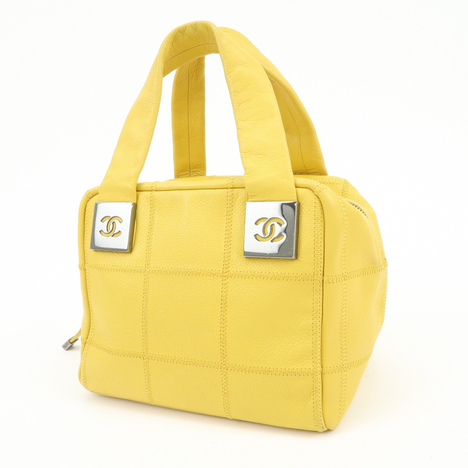 CHANEL Chocolate Bar COCO Mark Caviarskin Boston Bag Yellow A28023