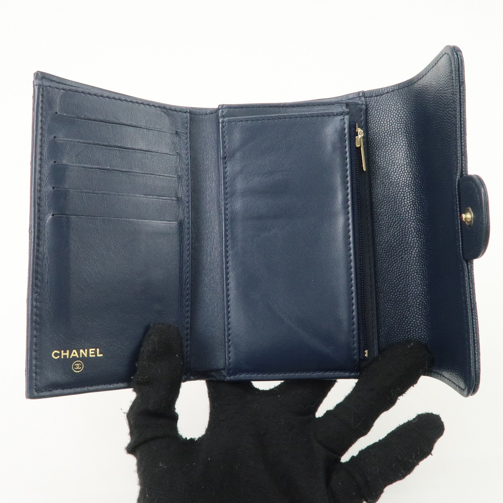 CHANEL Matelasse Caviarskin Tri-fold Wallet Small Wallet Navy AP0232 Used