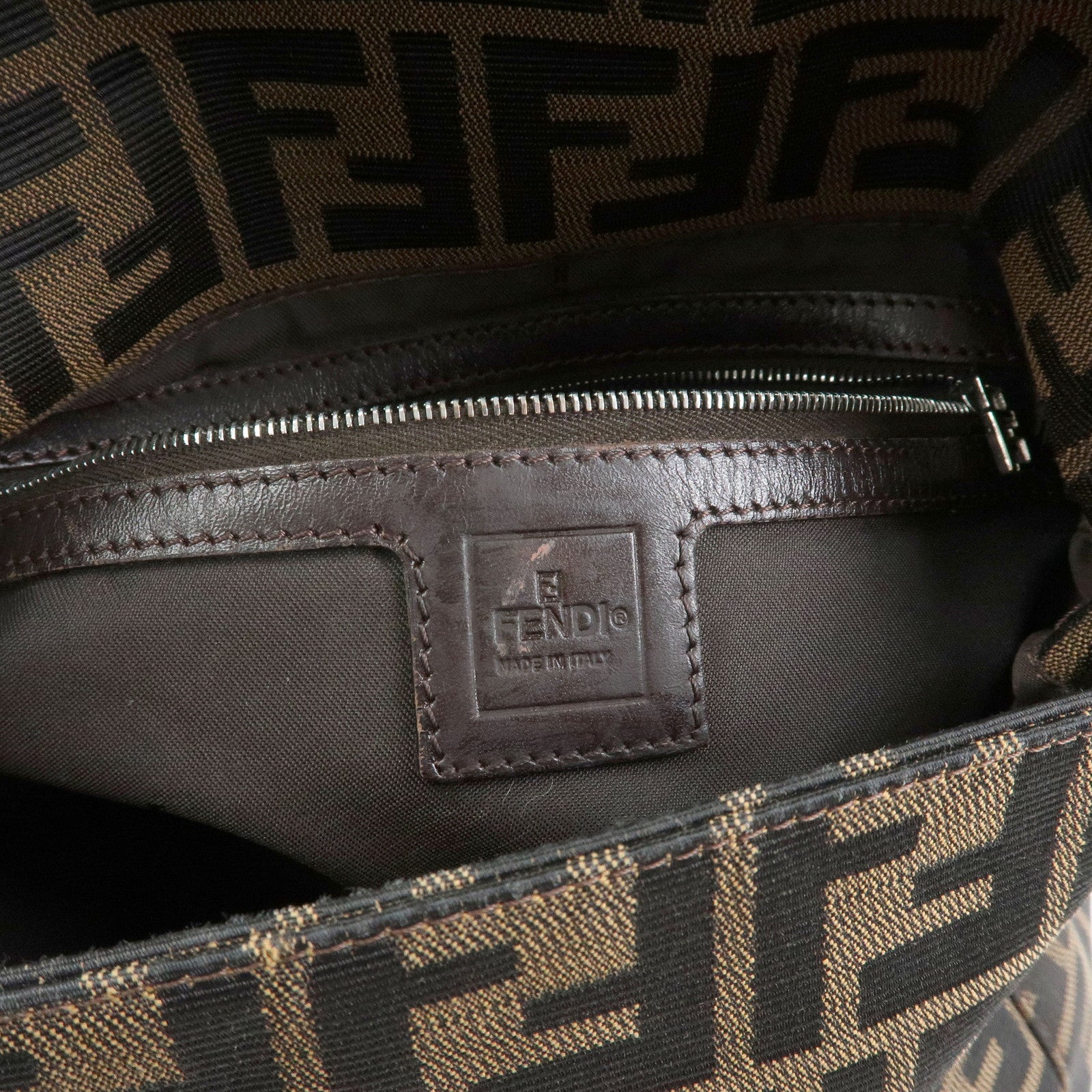 FENDI Mamma Baguette Zucca Canvas Leather Shoulder Bag Brown 26325