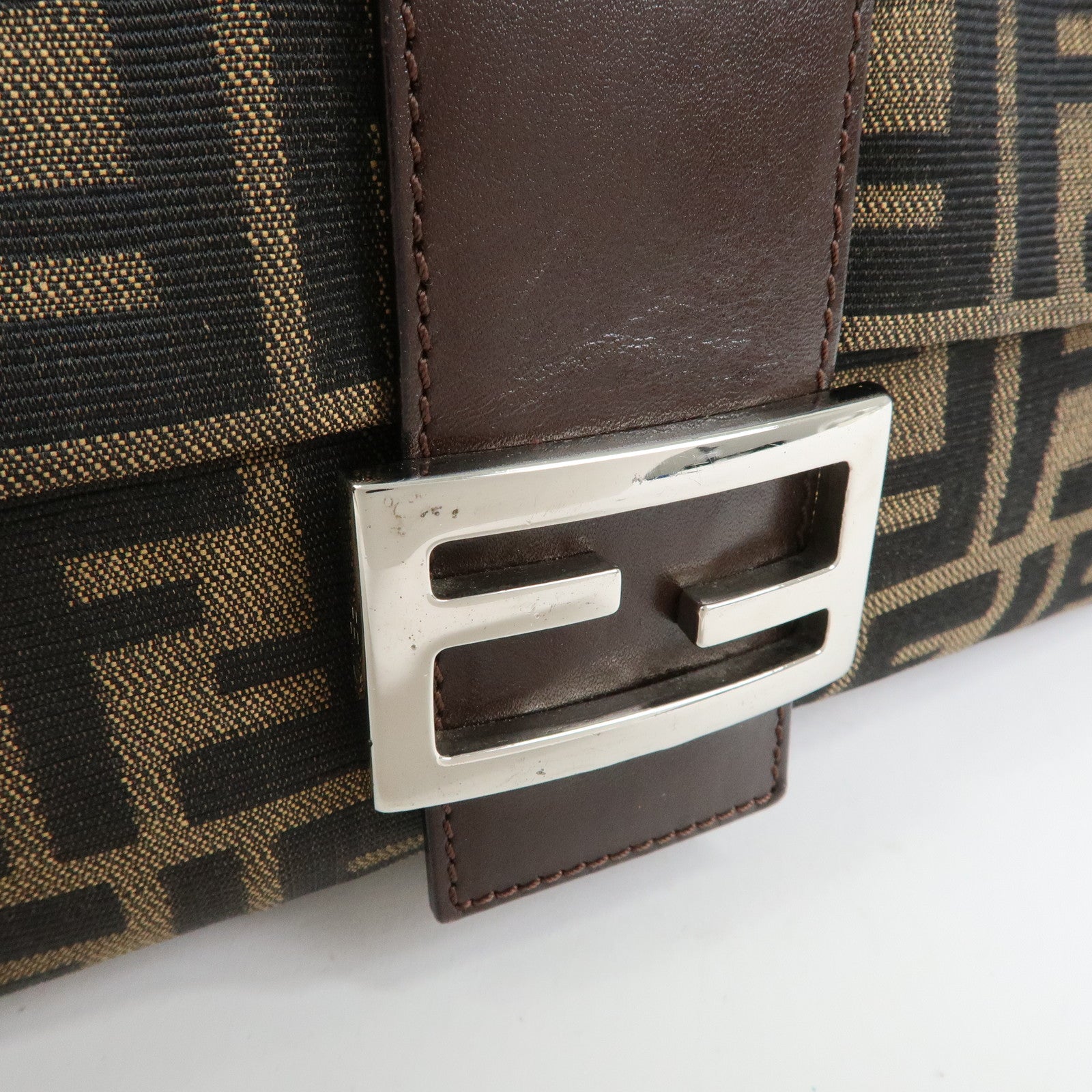 FENDI Mamma Baguette Zucca Canvas Leather Shoulder Bag Brown 26325