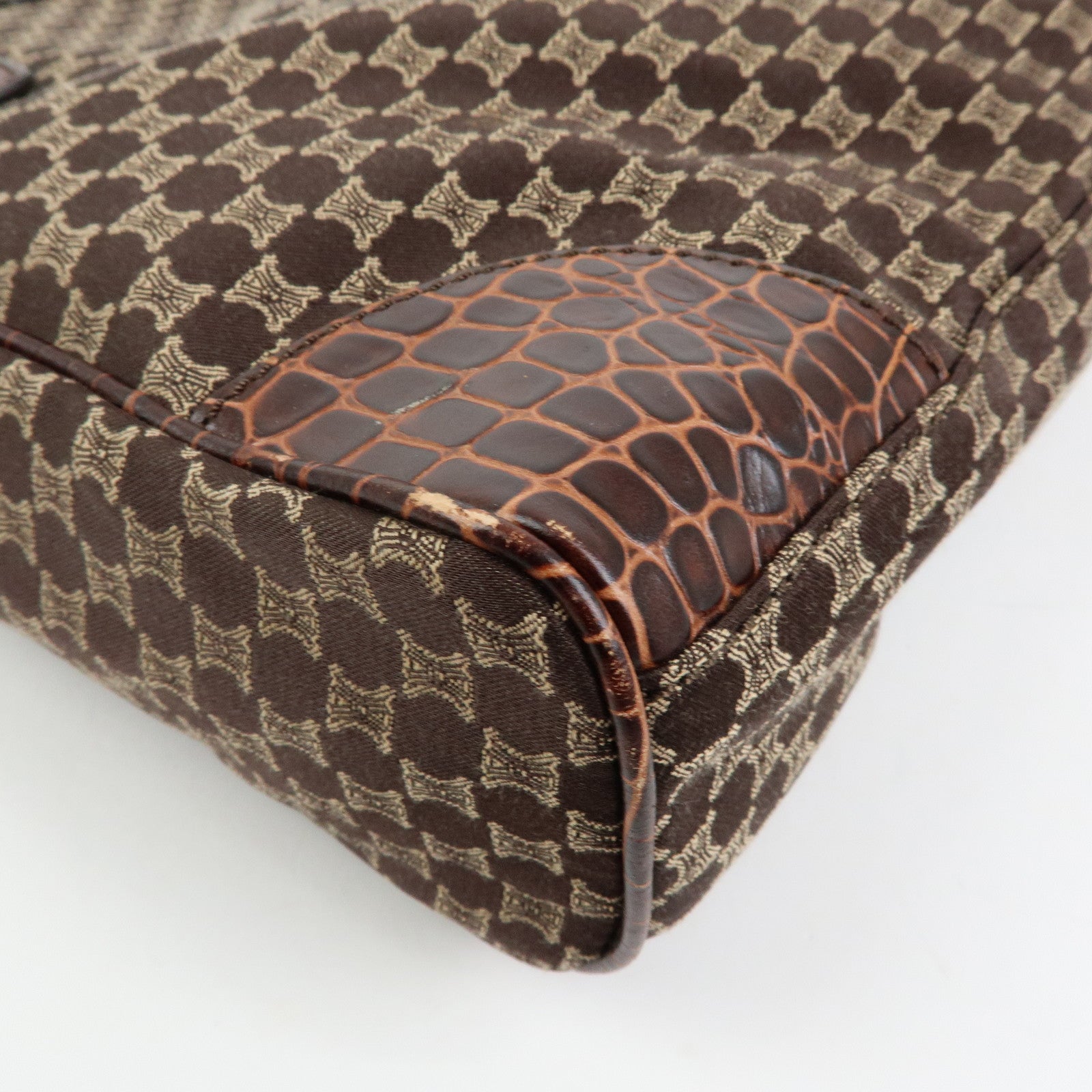 CELINE Macadam Embossed Leather Canvas Tote Bag Hand Bag Brown