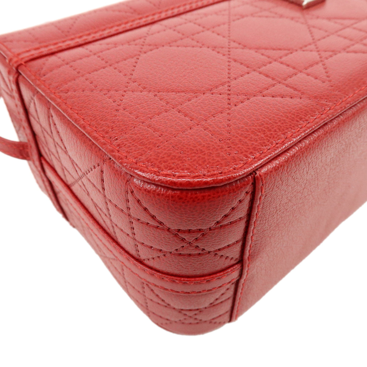 Christian Dior Cannage Leather Hand Bag Vanity Bag Red