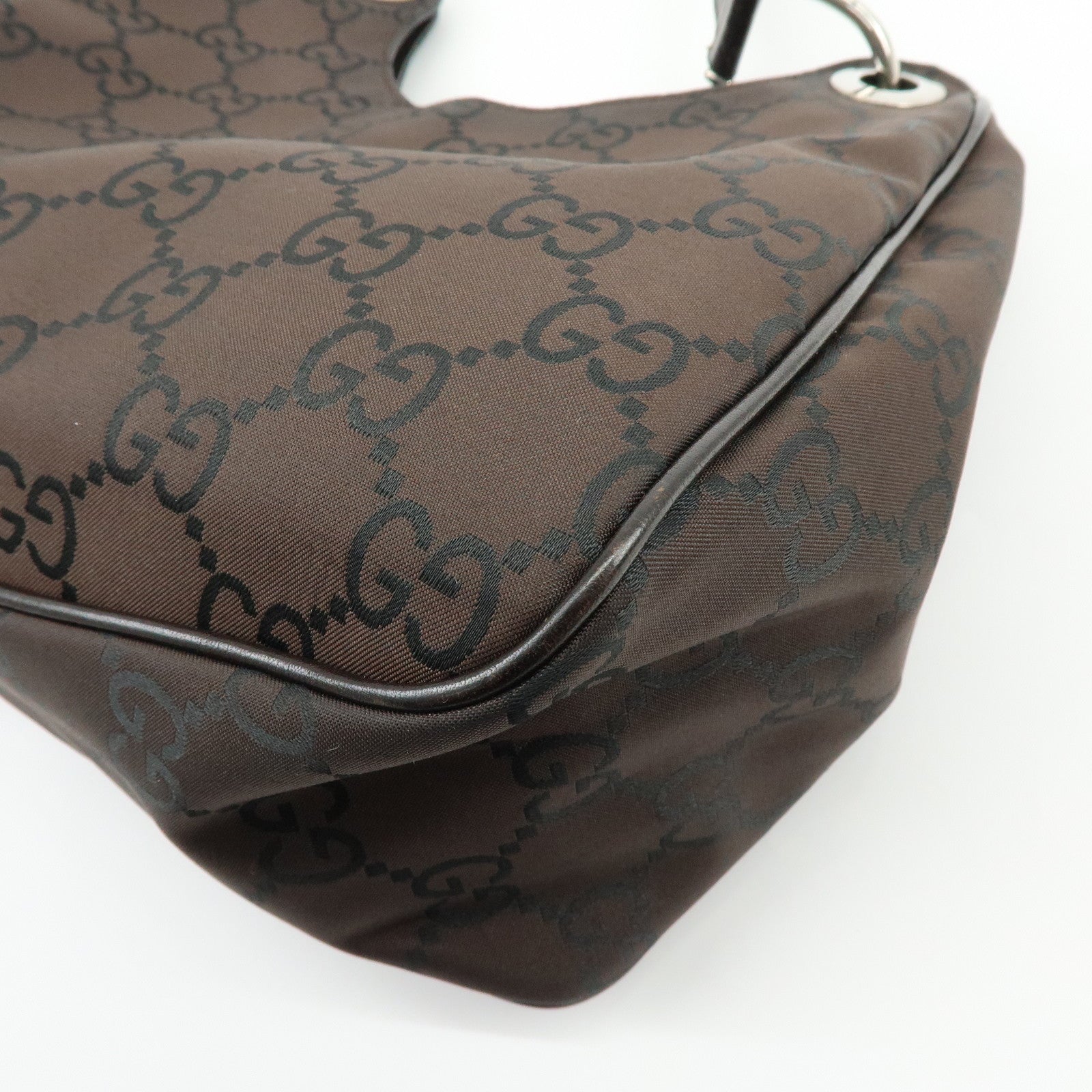 GUCCI GG Nylon Leather Shoulder Bag Hand Bag Dark Brown 257265