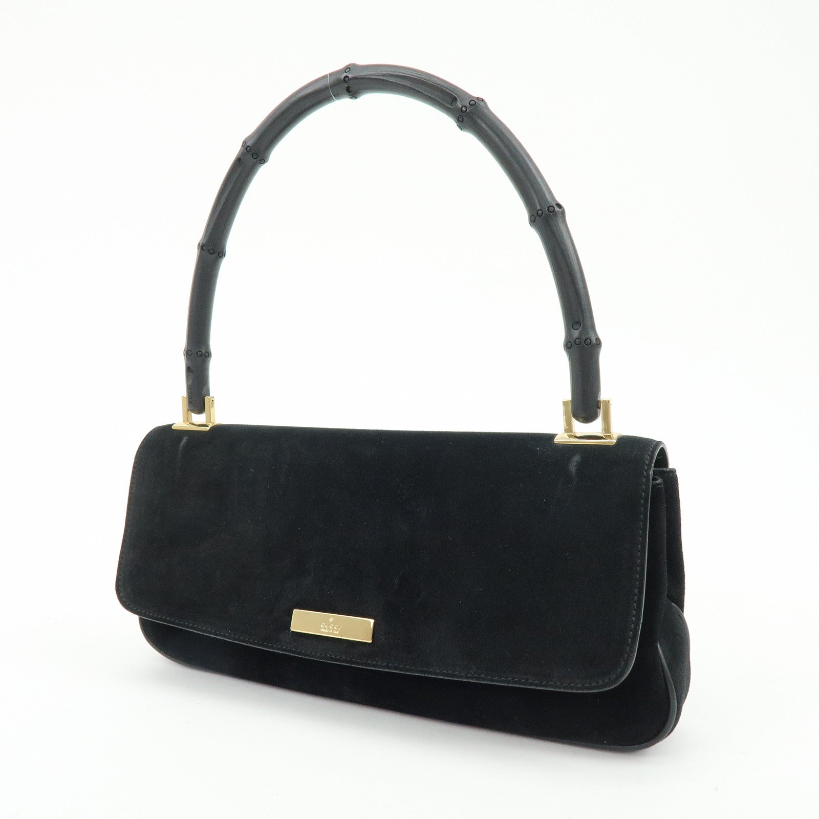 GUCCI Bamboo Suede Shoulder Bag Hand Bag Black 001998