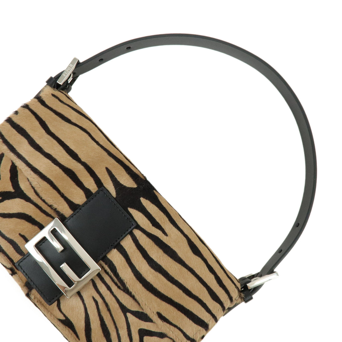 FENDI Baguette Unborn Calf Leather Hand Bag Tiger Print Brown 8BR850