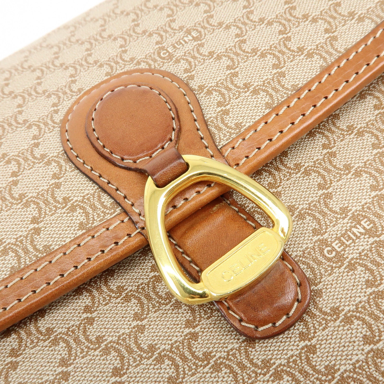 CELINE Macadam PVC Leather Shoulder Bag Crossbody Bag Brown Beige