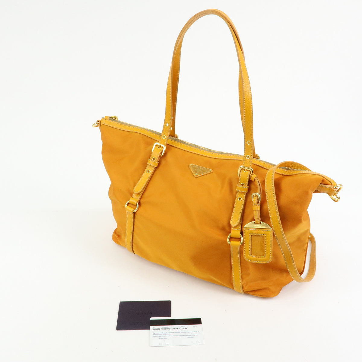PRADA Triangle Logo Nylon Leather Tote Bag Shoulder Bag Orange BR4253