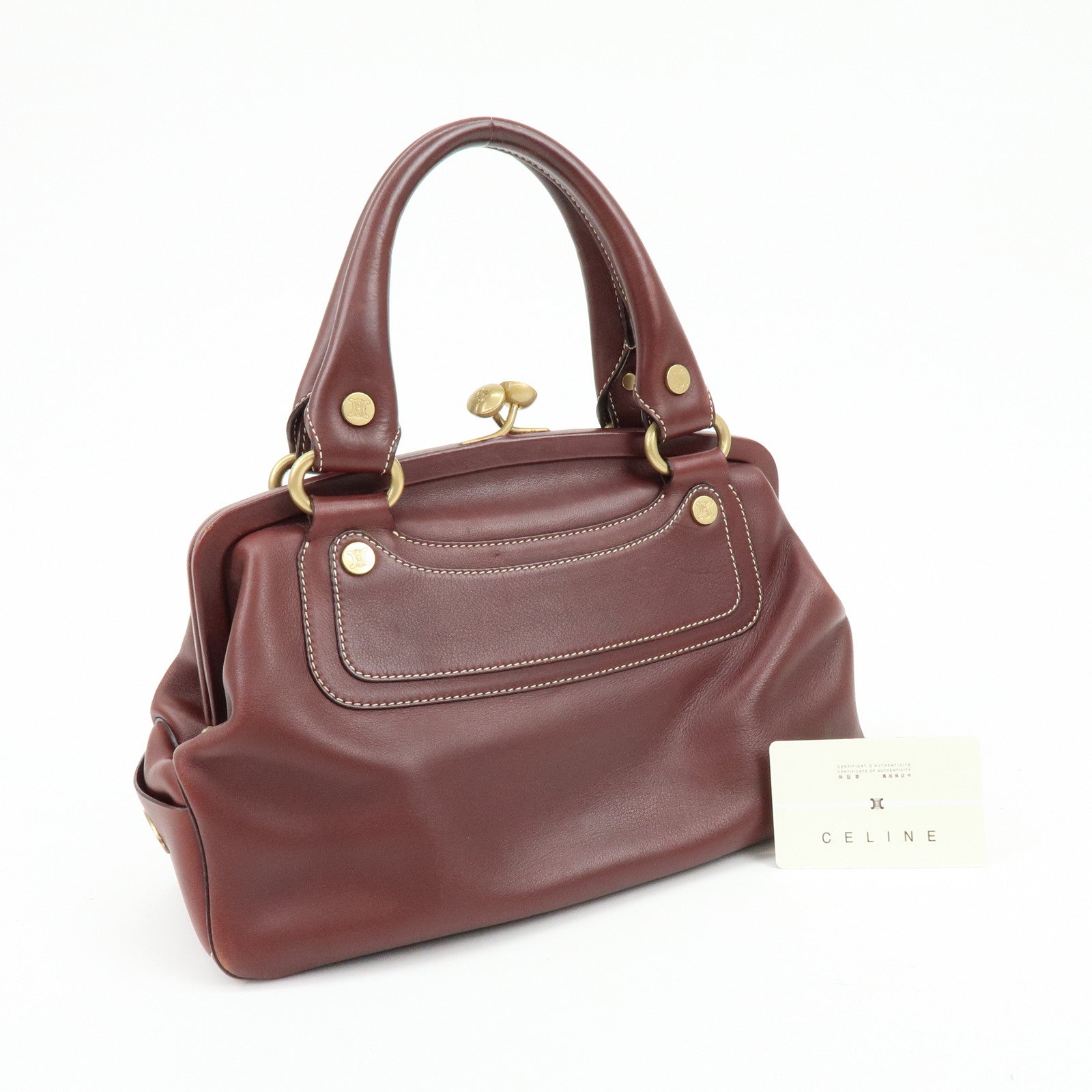 CELINE Boogie Bag Leather Kiss Lock Hand Bag Bordeaux