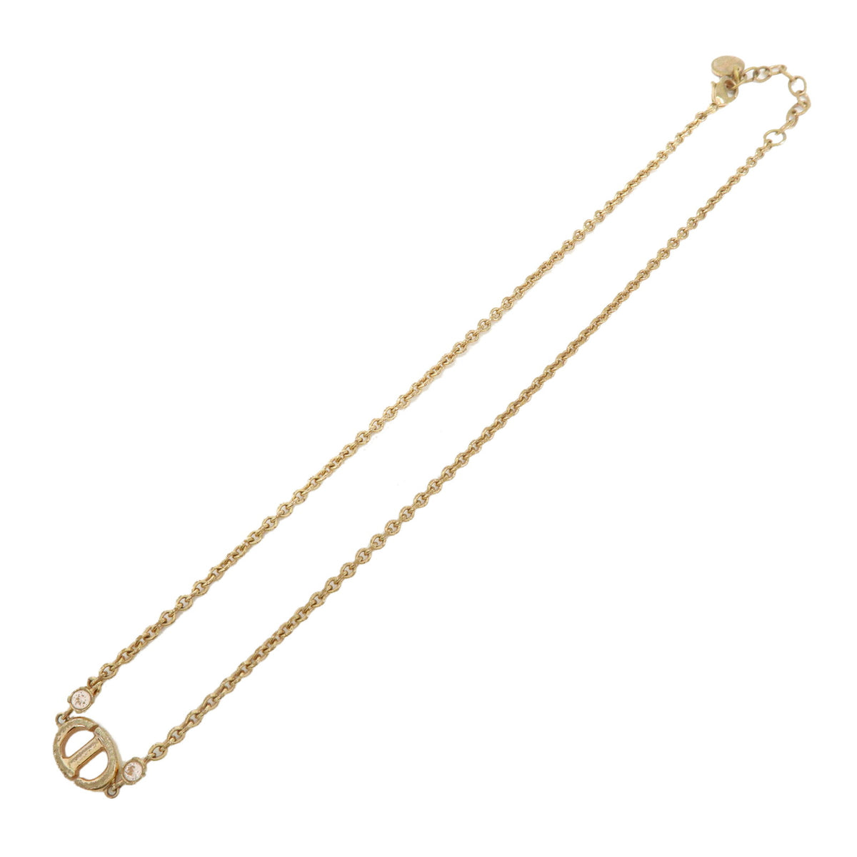 Christian Dior CD Logo Rhinestone Metal Necklace Pink Gold