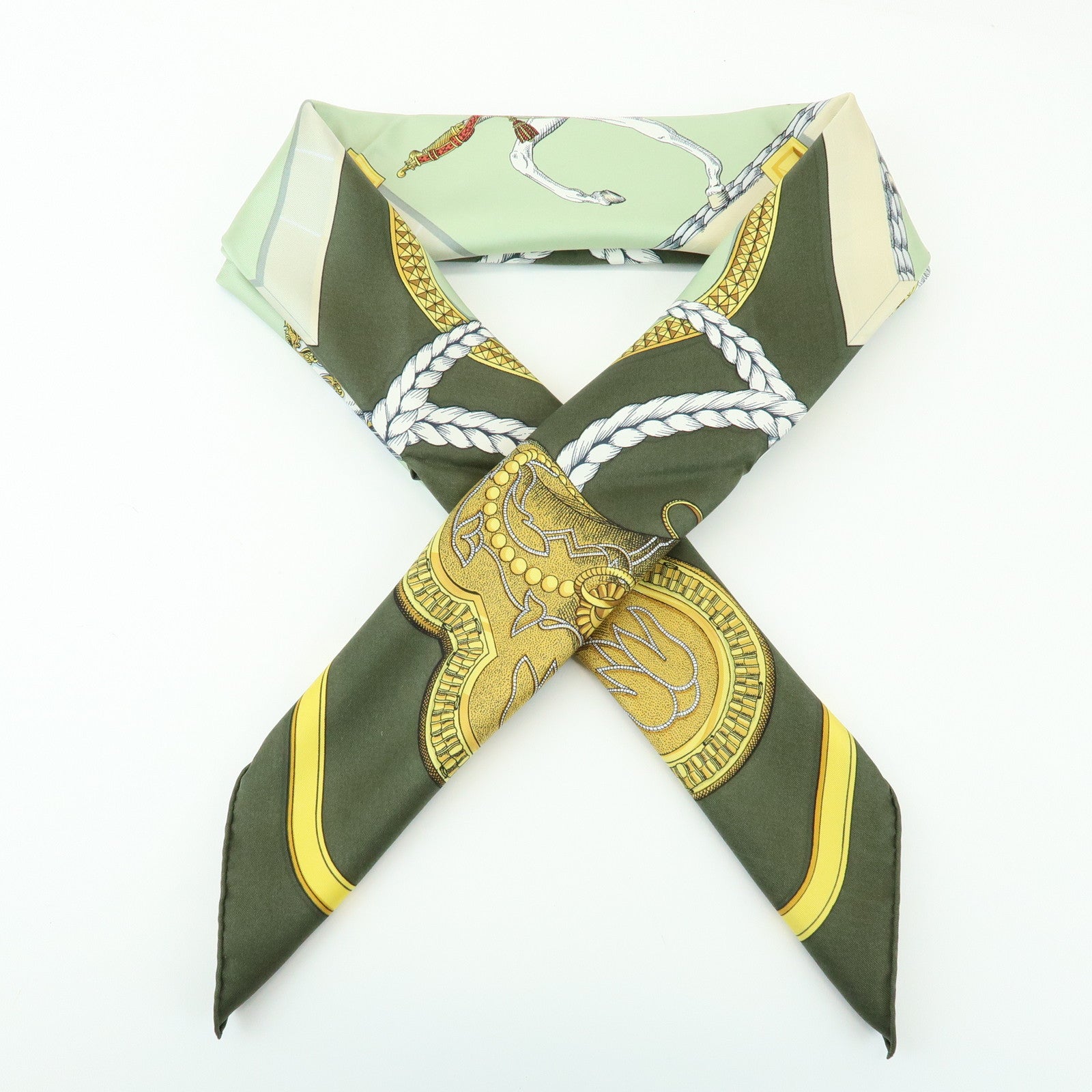HERMES Carre 90 Silk 100% Scarf GRAND APPARAT Khaki Gold Green