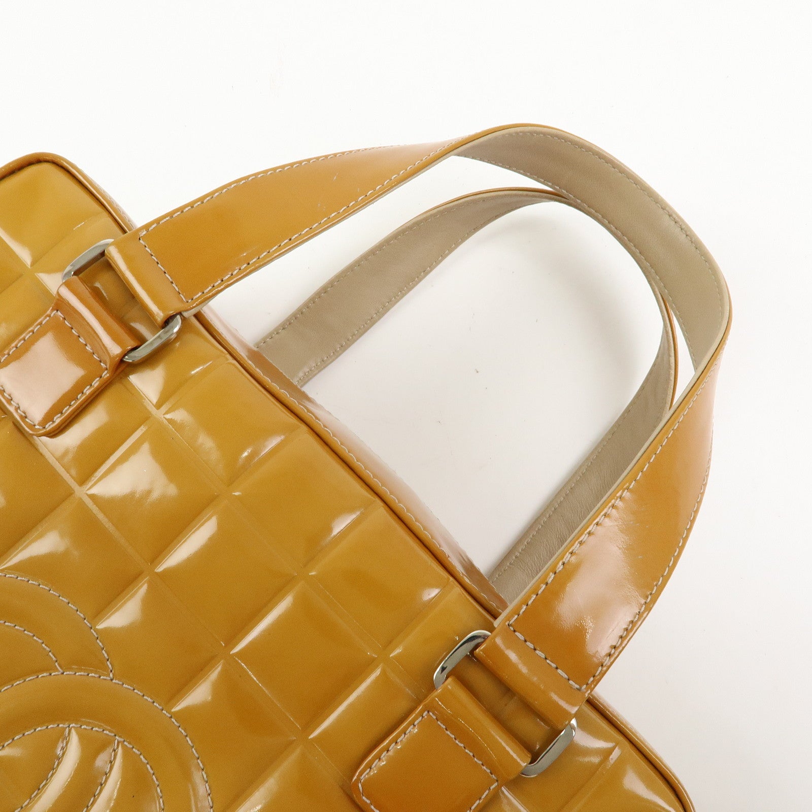 CHANEL Chocolate Bar COCO Mark Patent Leather Boston Bag Hand Bag Camel