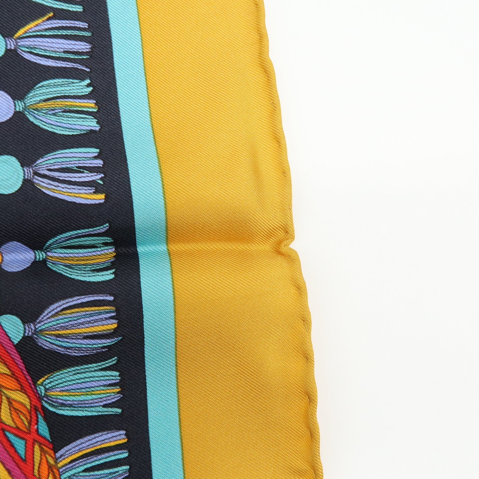GUCCI Silk 100% Scarf Tassel Motif Black Yellow Multicolor