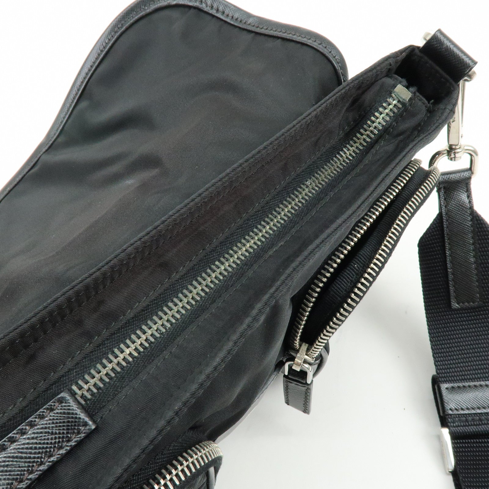 PRADA Triangle Logo Nylon Saffiano Leather Shoulder Bag Black BT0464