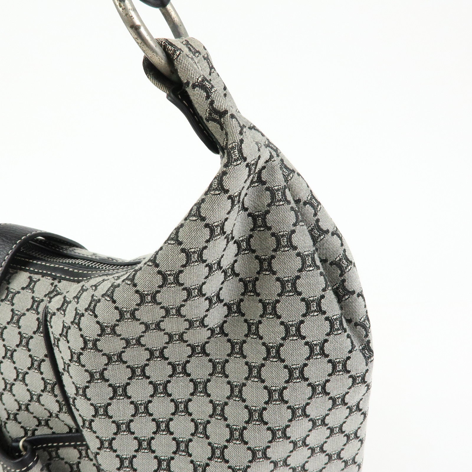 CELINE Macadam Canvas Leather Shoulder Bag Grey Black Silver