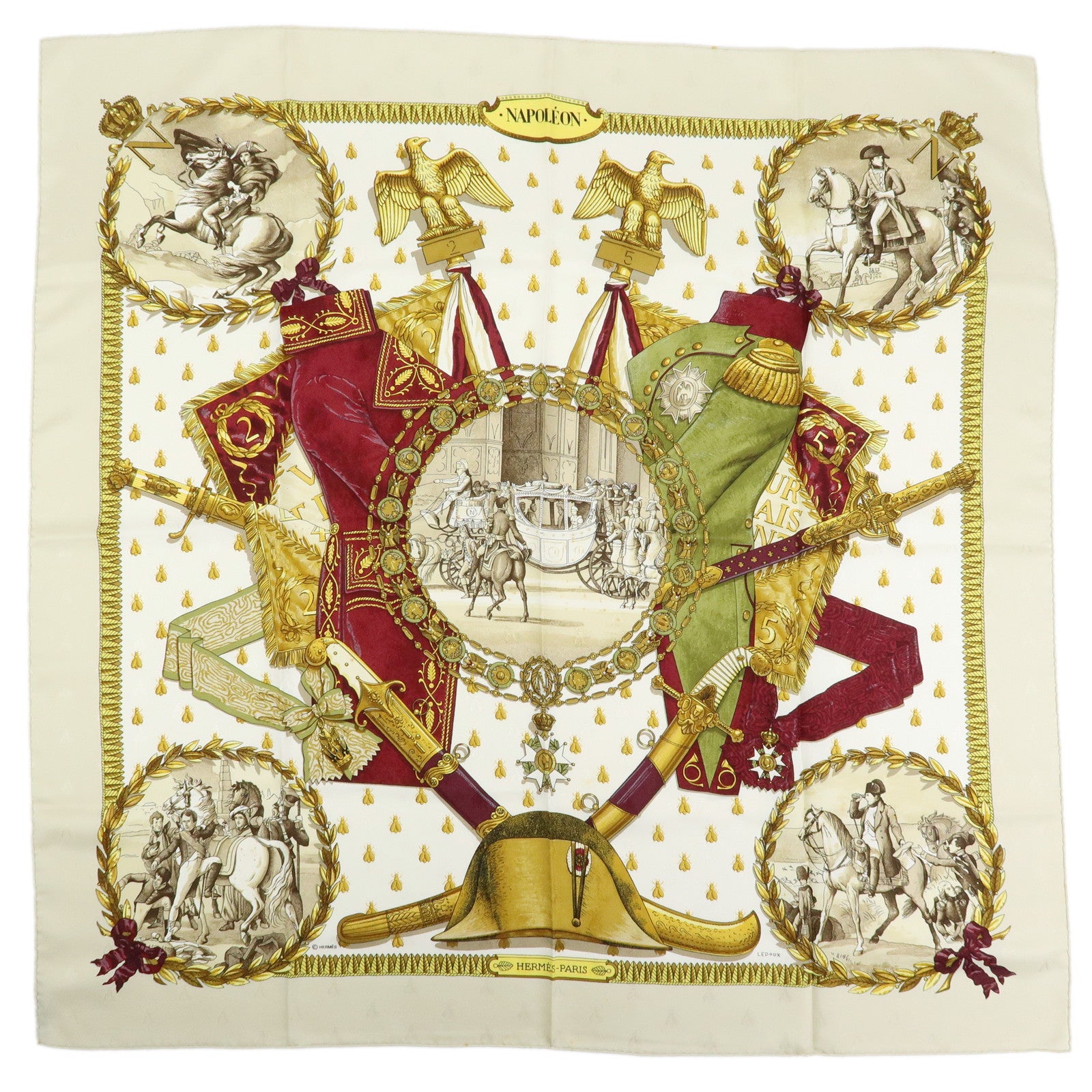 HERMES Carre 90 Silk 100% Scarf NAPOLEON Green White Red