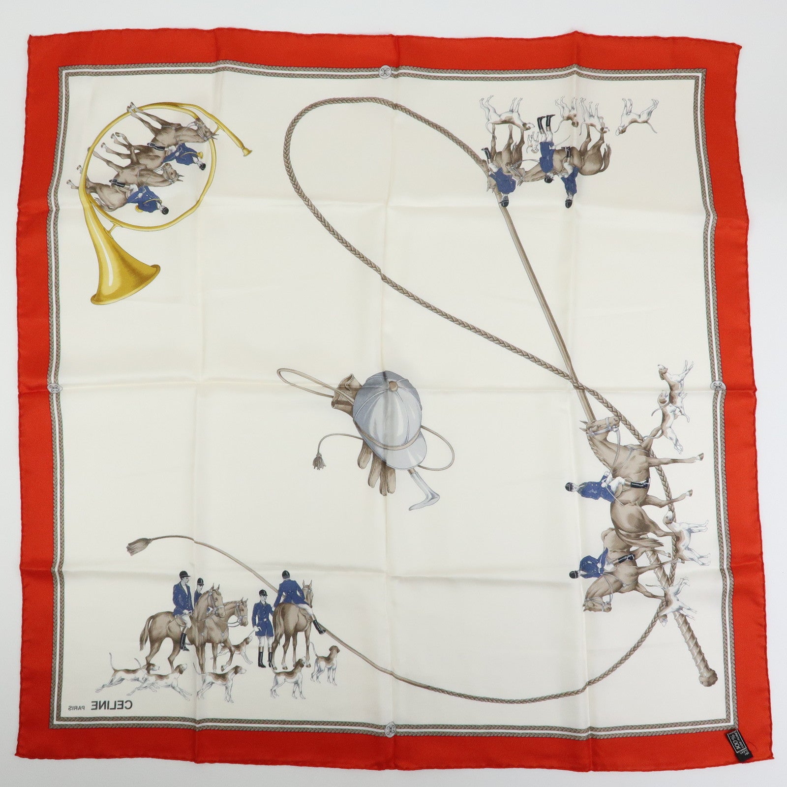 CELINE Silk 100% Scarf Hunting Hounds Horseback Riders Red White