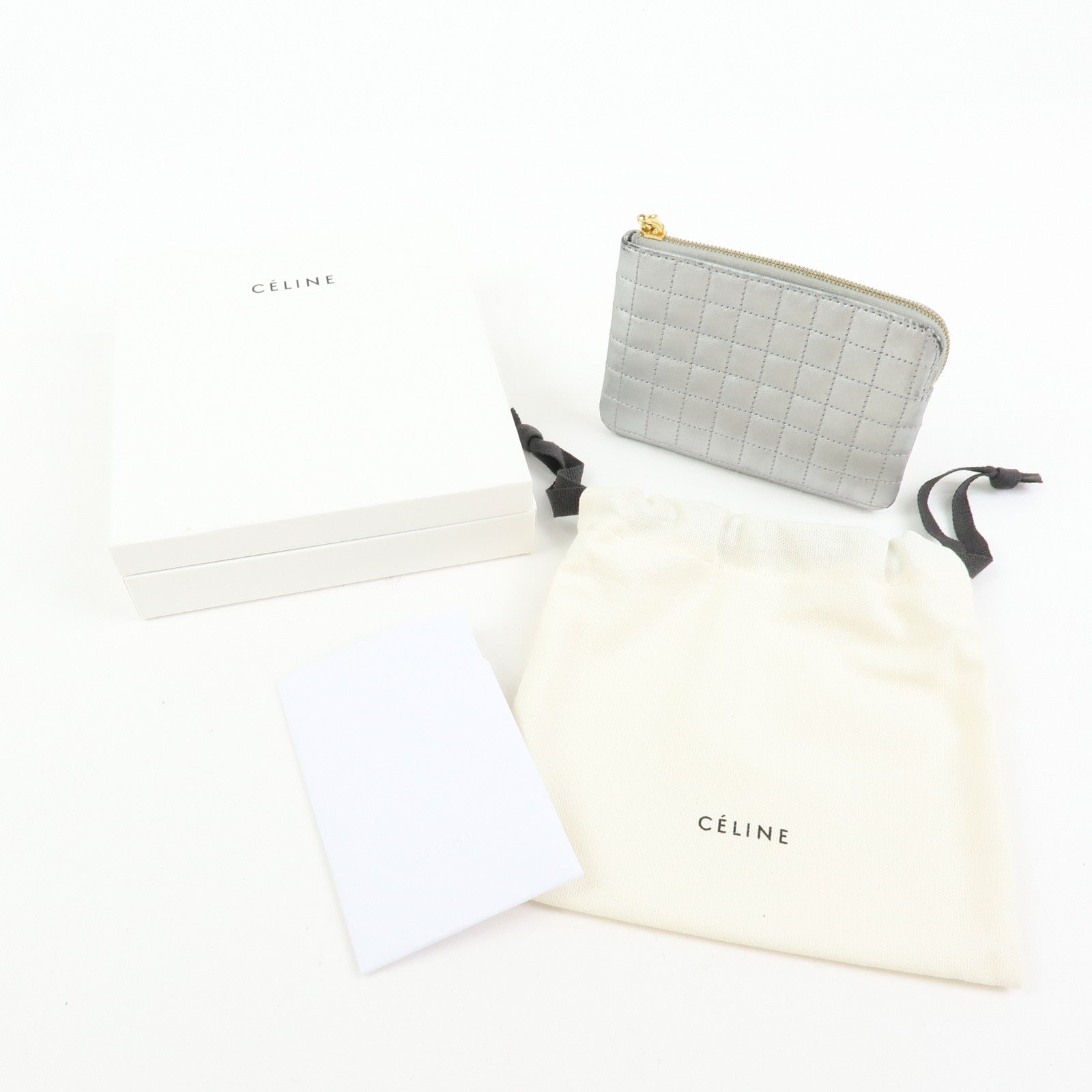 CELINE Leather C Charm Coin Case Coin Purse Metallic Silver