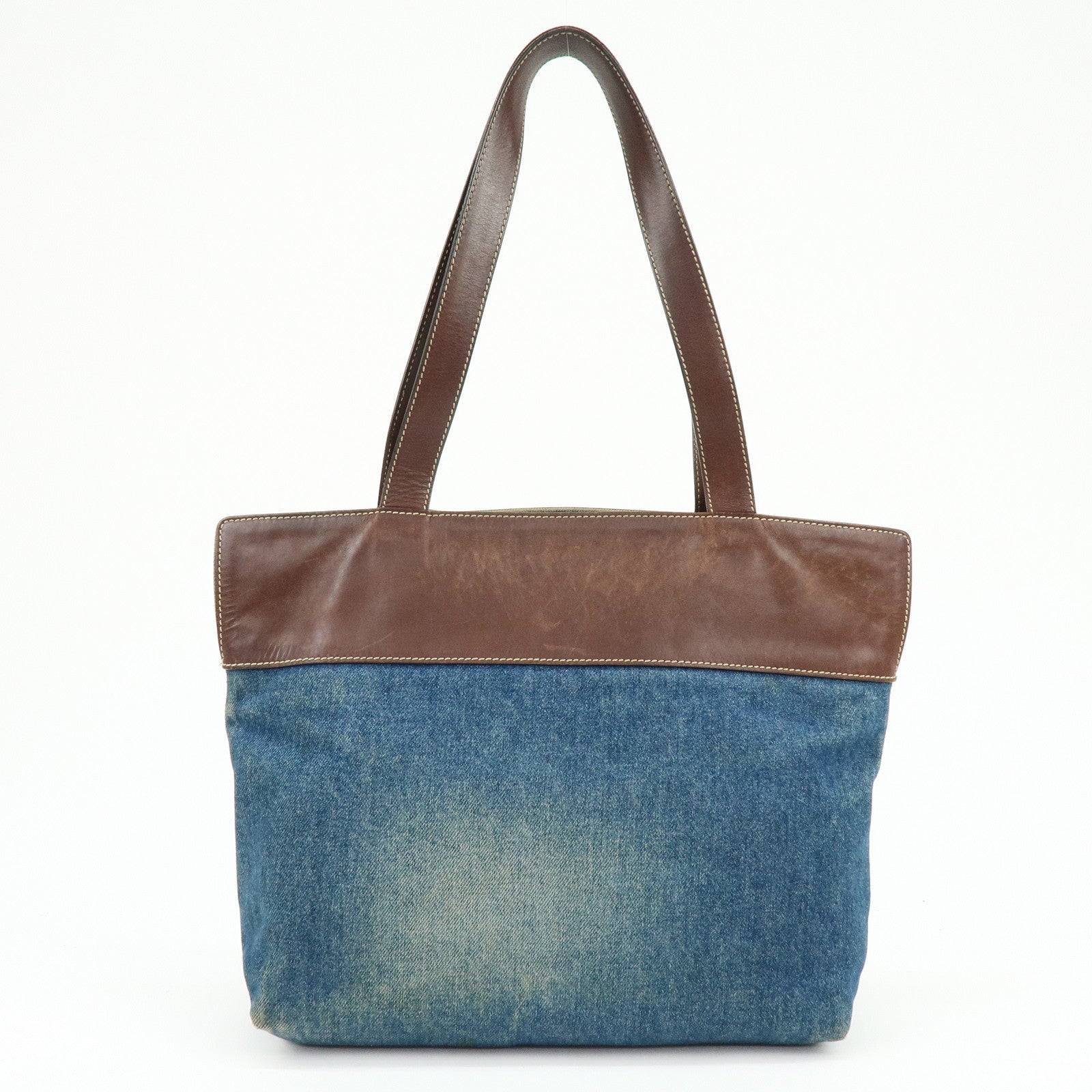 CHANEL COCO Mark Denim Leather Tote Shoulder Bag Blue Brown