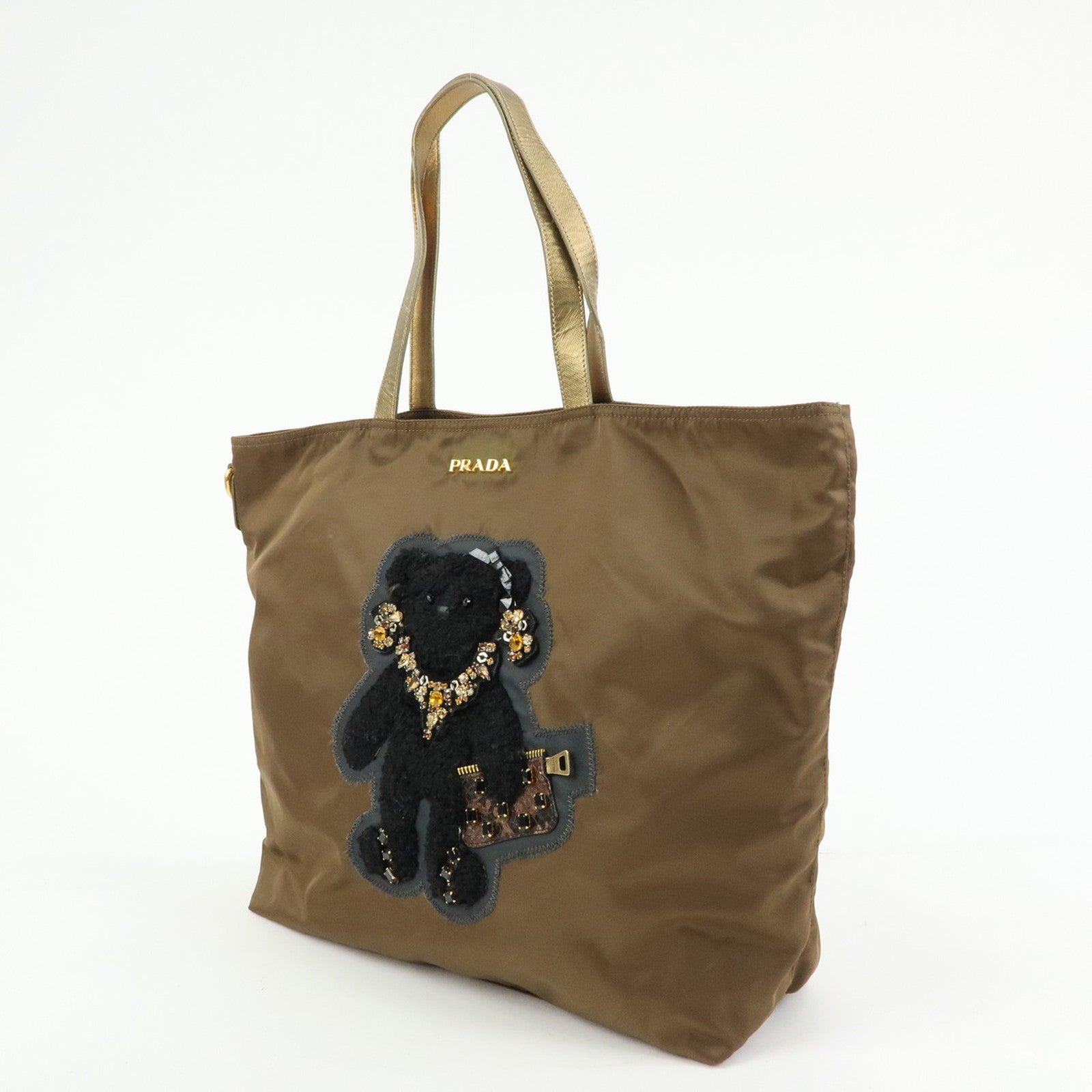 PRADA Bijoux Bear Motif Nylon Saffiano Leather Tote Bag Khaki Gold