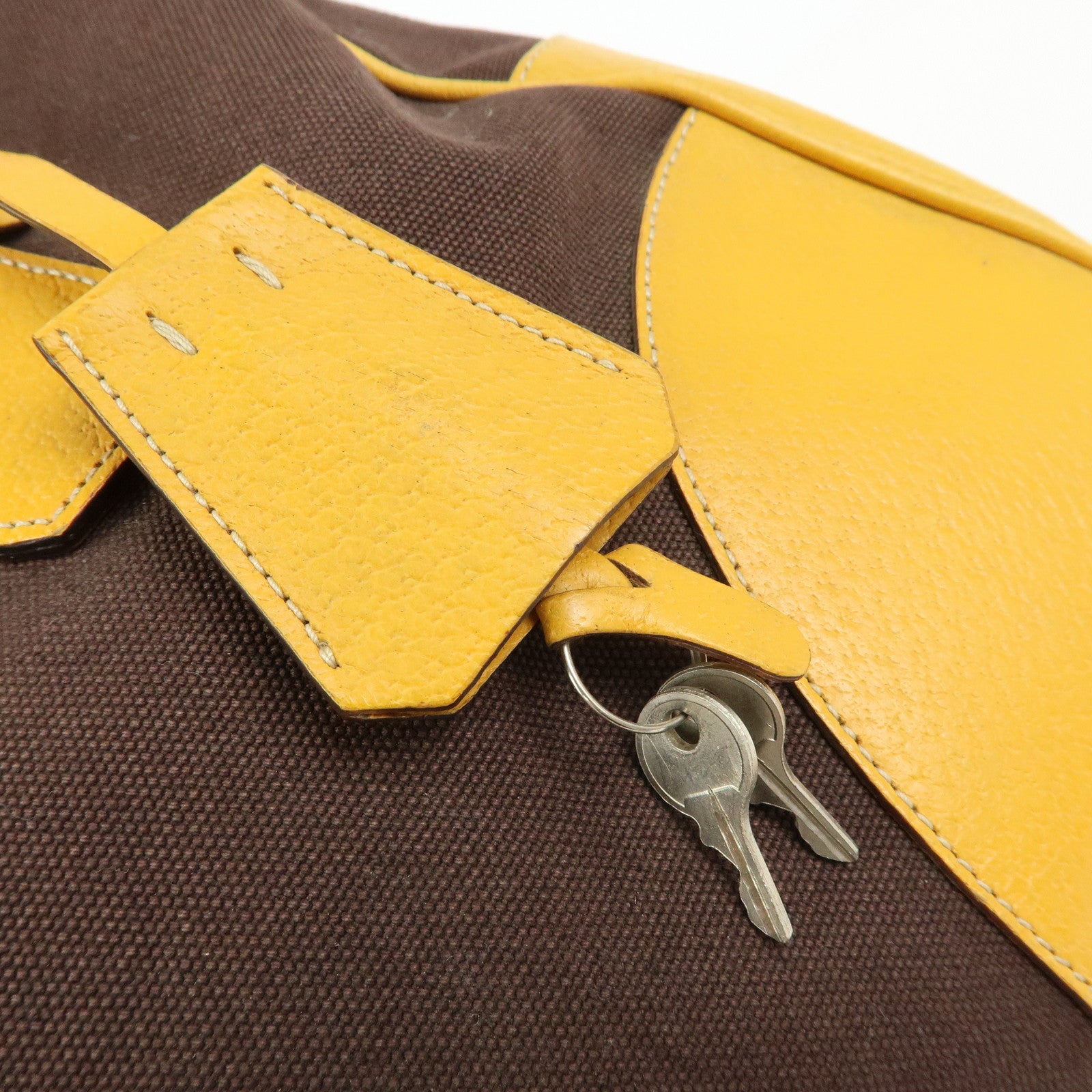 PRADA Triangle Logo Canvas Leather Boston Bag Brown Yellow B10813