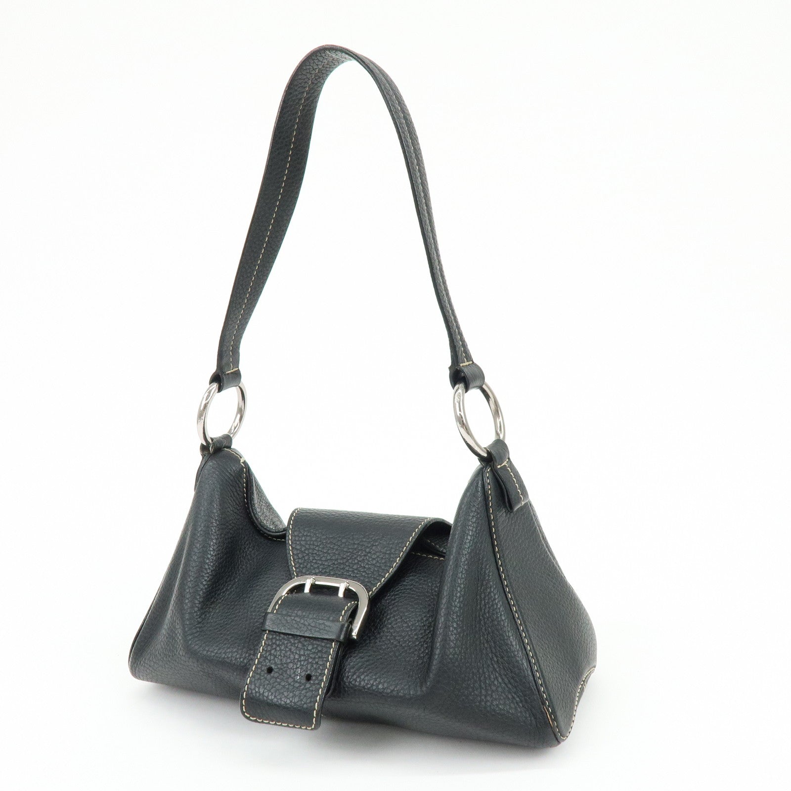 TOD'S Leather Stitched Buckle Hand Bag Shoulder Bag Black