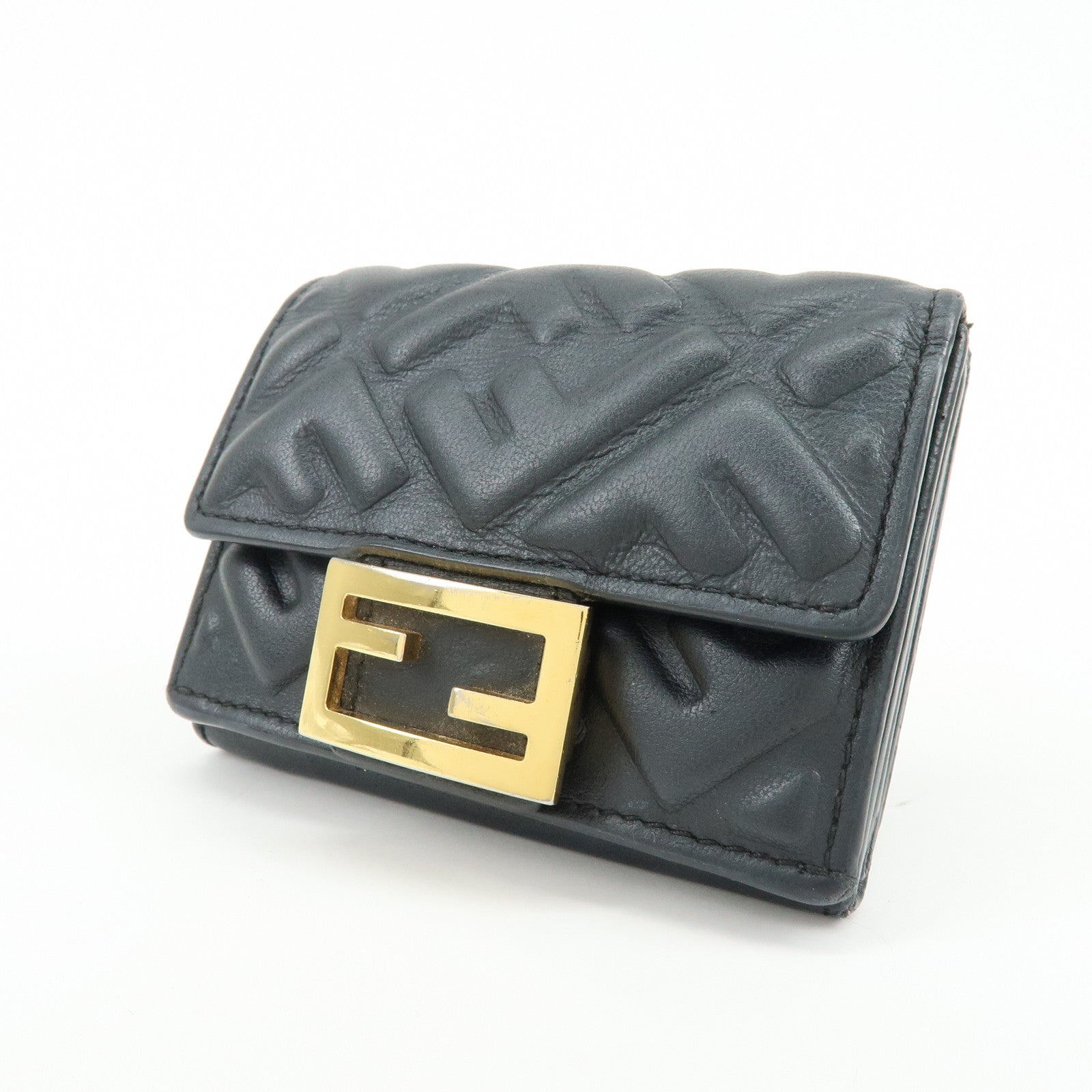FENDI Zucca Baguette Micro Wallet Leather Tri-fold Wallet Black 8M0395