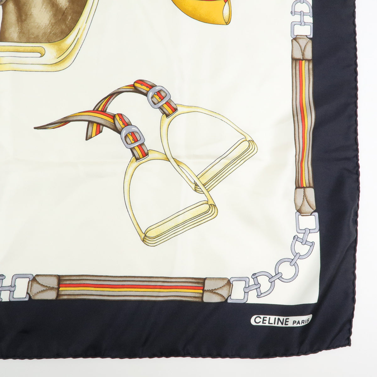 CELINE Lot of 2 Silk 100% Scarf Horse Motif Navy Black Gold White