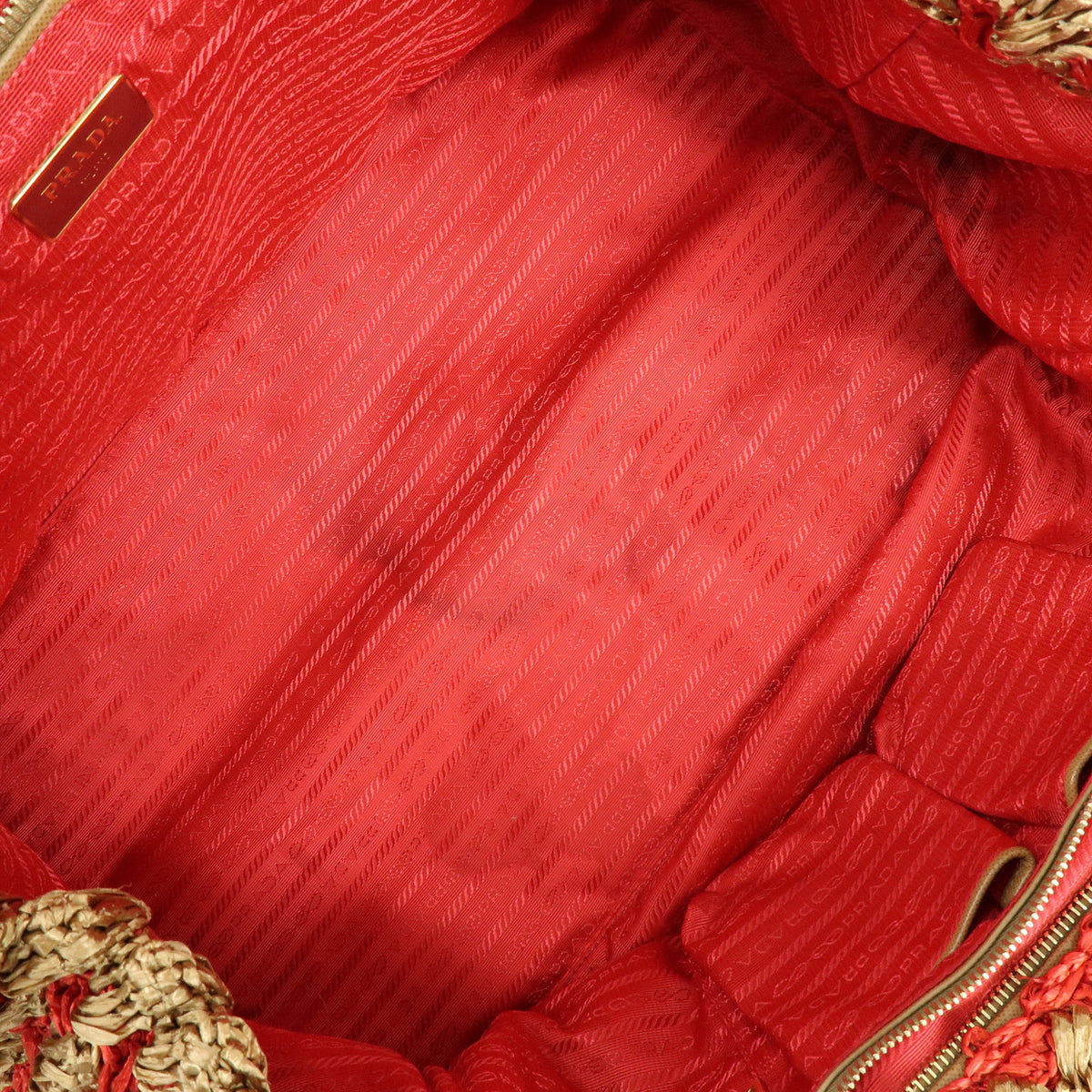 PRADA Canapa Large Triangle Logo Raffia Tote Bag Natural Red BN2302