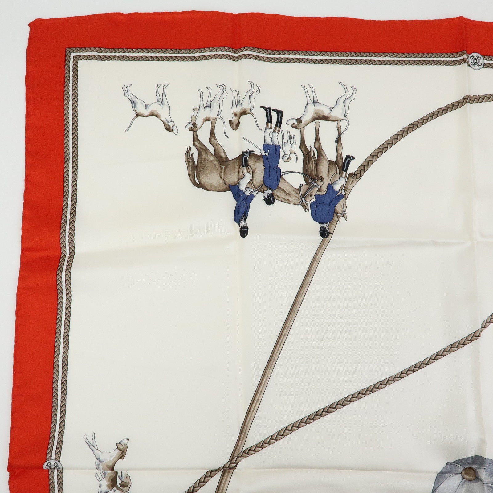 CELINE Silk 100% Scarf Hunting Hounds Horseback Riders Red White