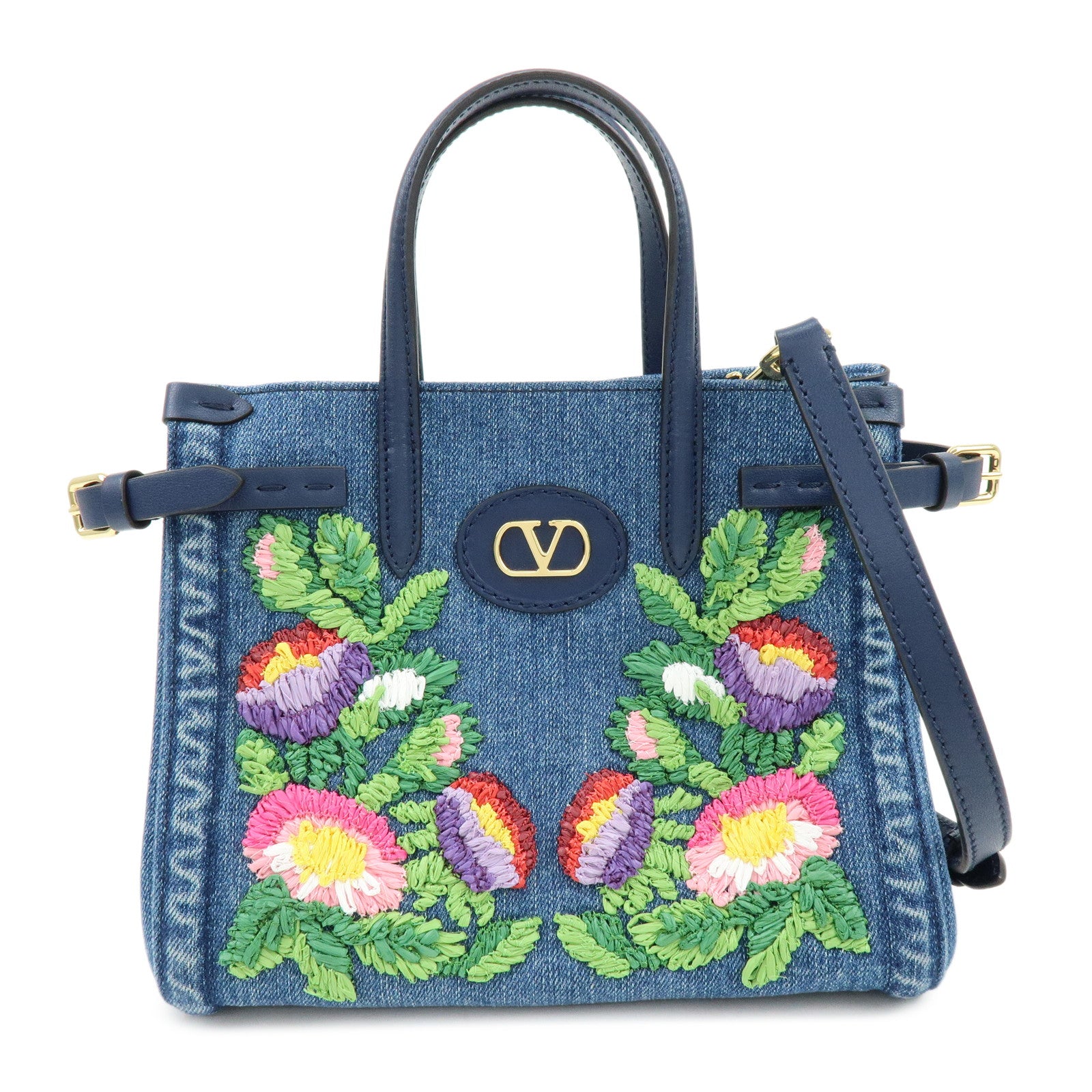 VALENTINO Denim Leather 2Way Hand Shoulder Bag Flower Embroidered