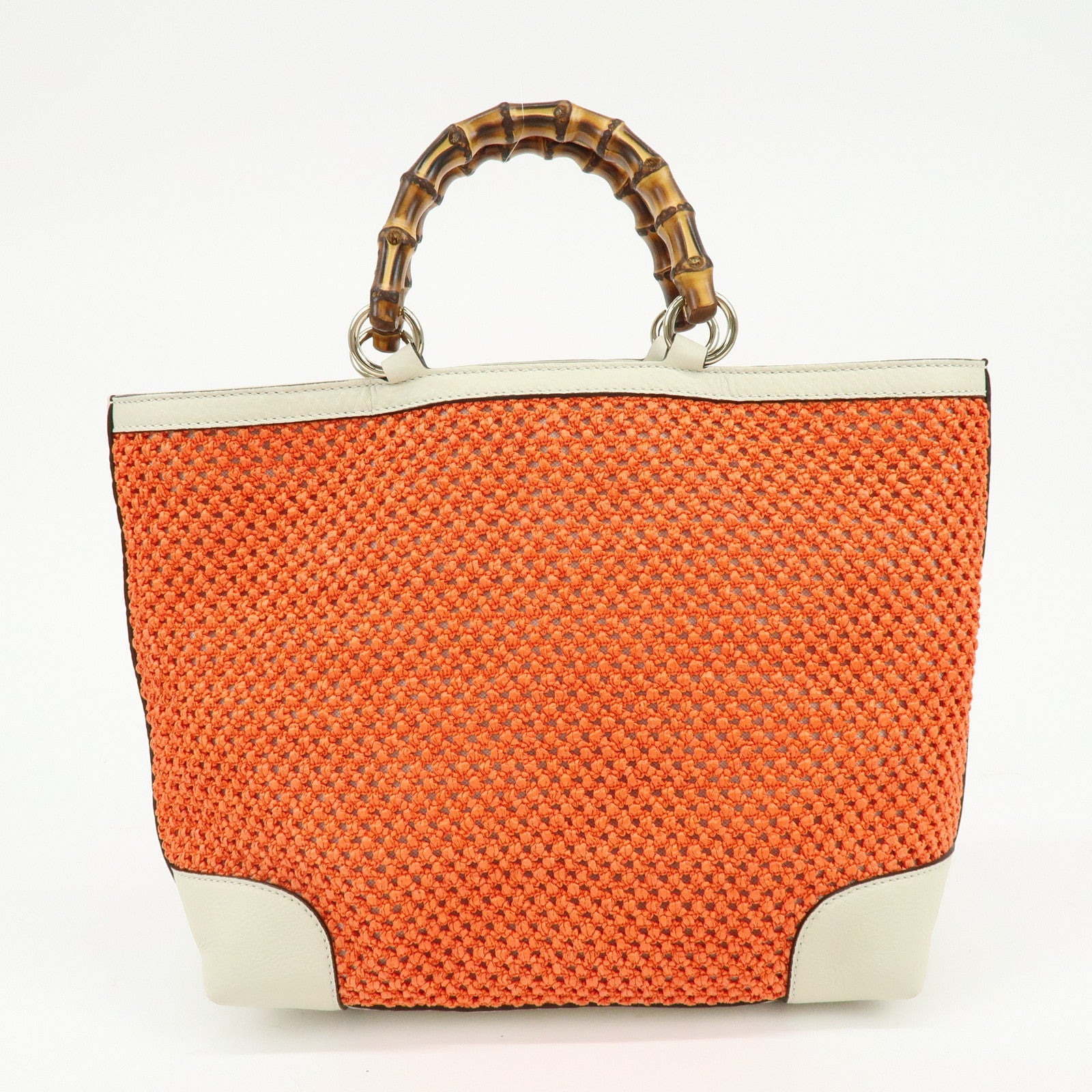 GUCCI Bamboo Raffia Leather Tote Bag Hand Bag Orange White 338965