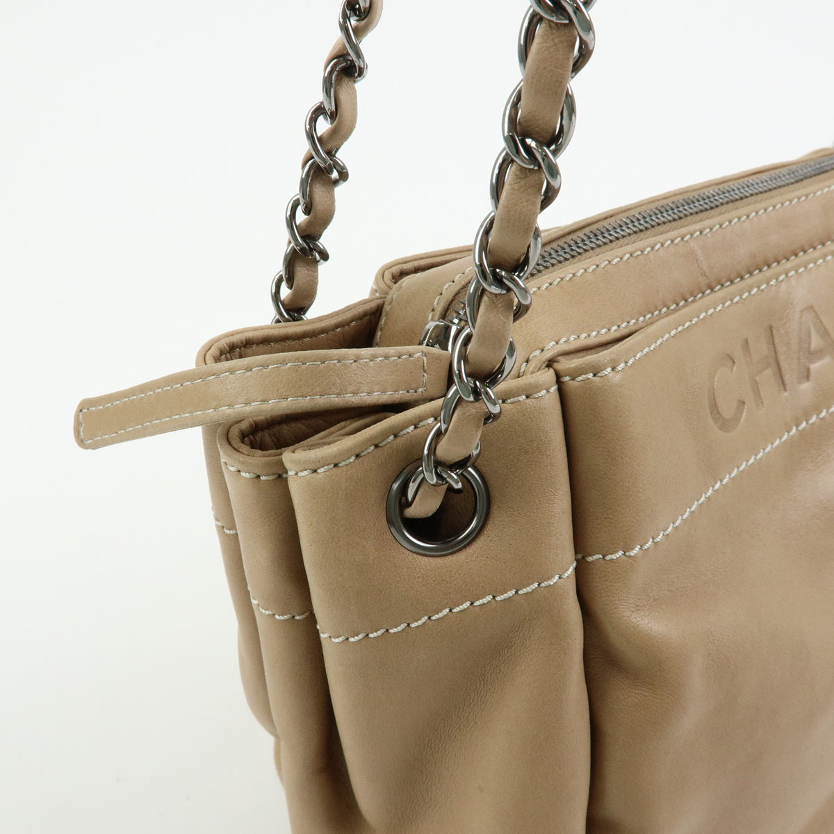CHANEL LAX Accordion Lamb Skin Chain Shoulder Bag Hand Bag Beige