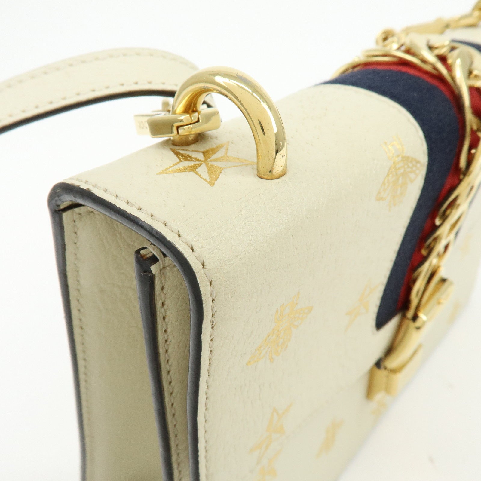 GUCCI Sylvie Sherry Calf Leather Shoulder Bag Ivory Bee & Star 524405