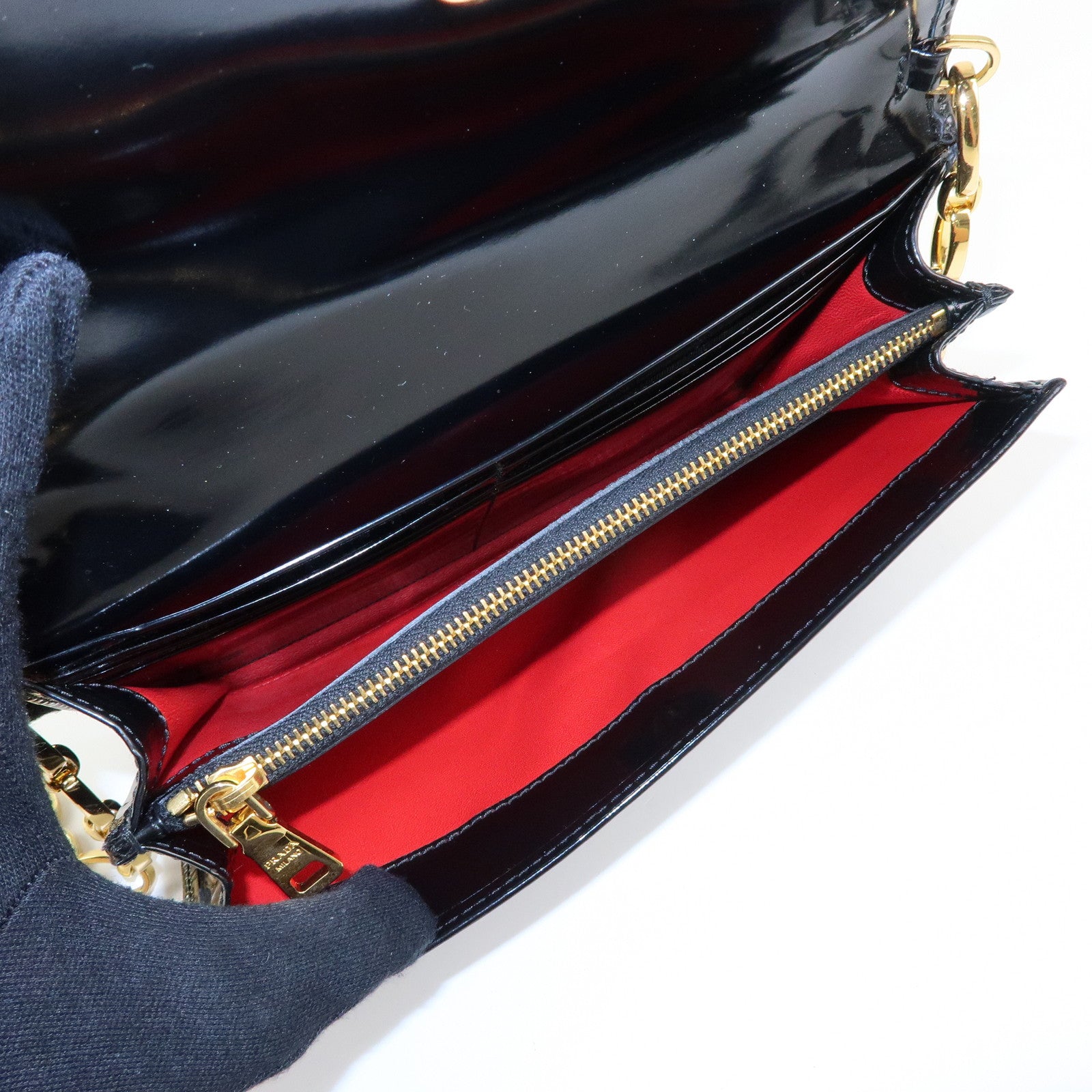 Prada Patent Leather Chain Long Wallet Shoulder Bag Black BT0920