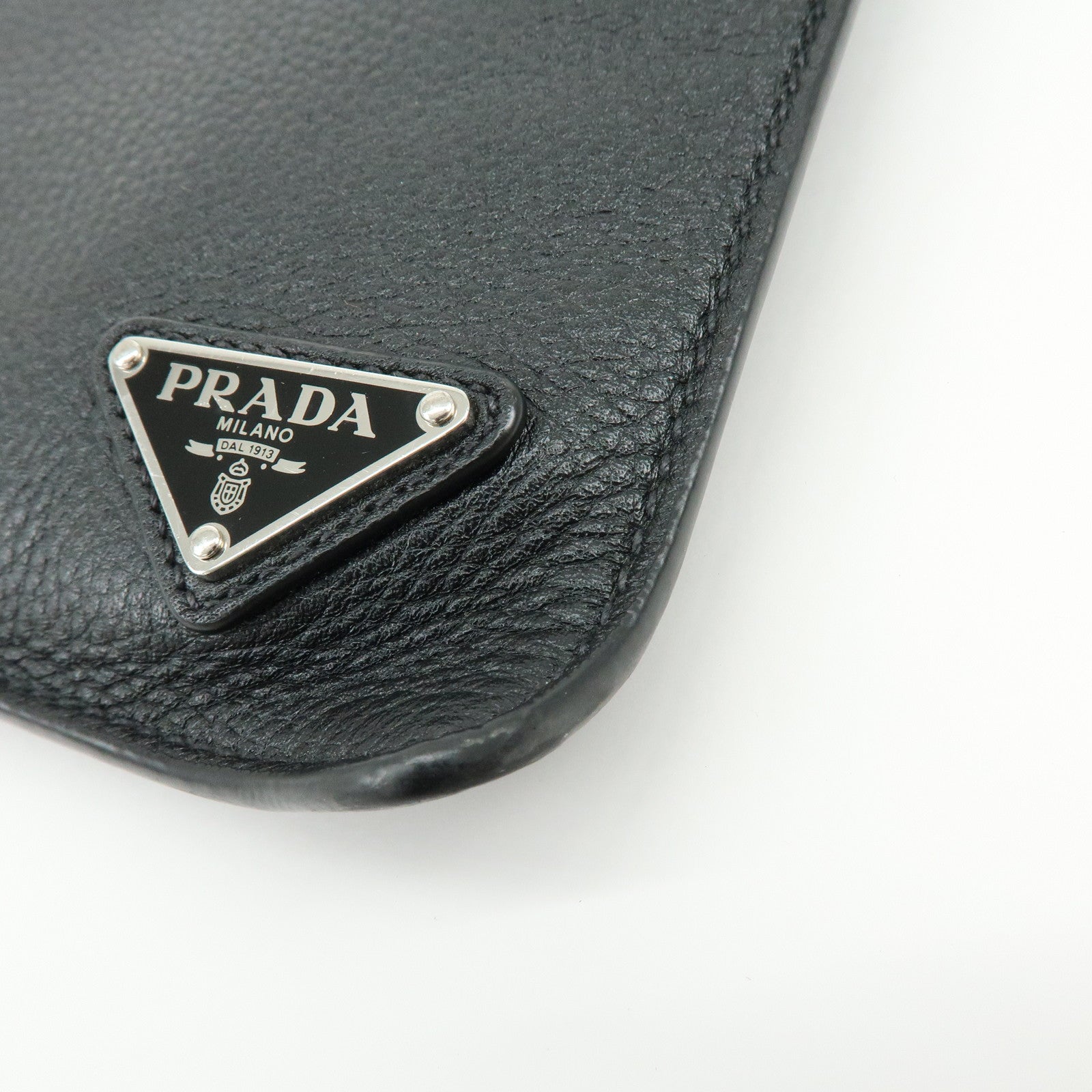PRADA Triangle Logo Calf Leather Clutch Bag Flat Pouch Black 2VN013